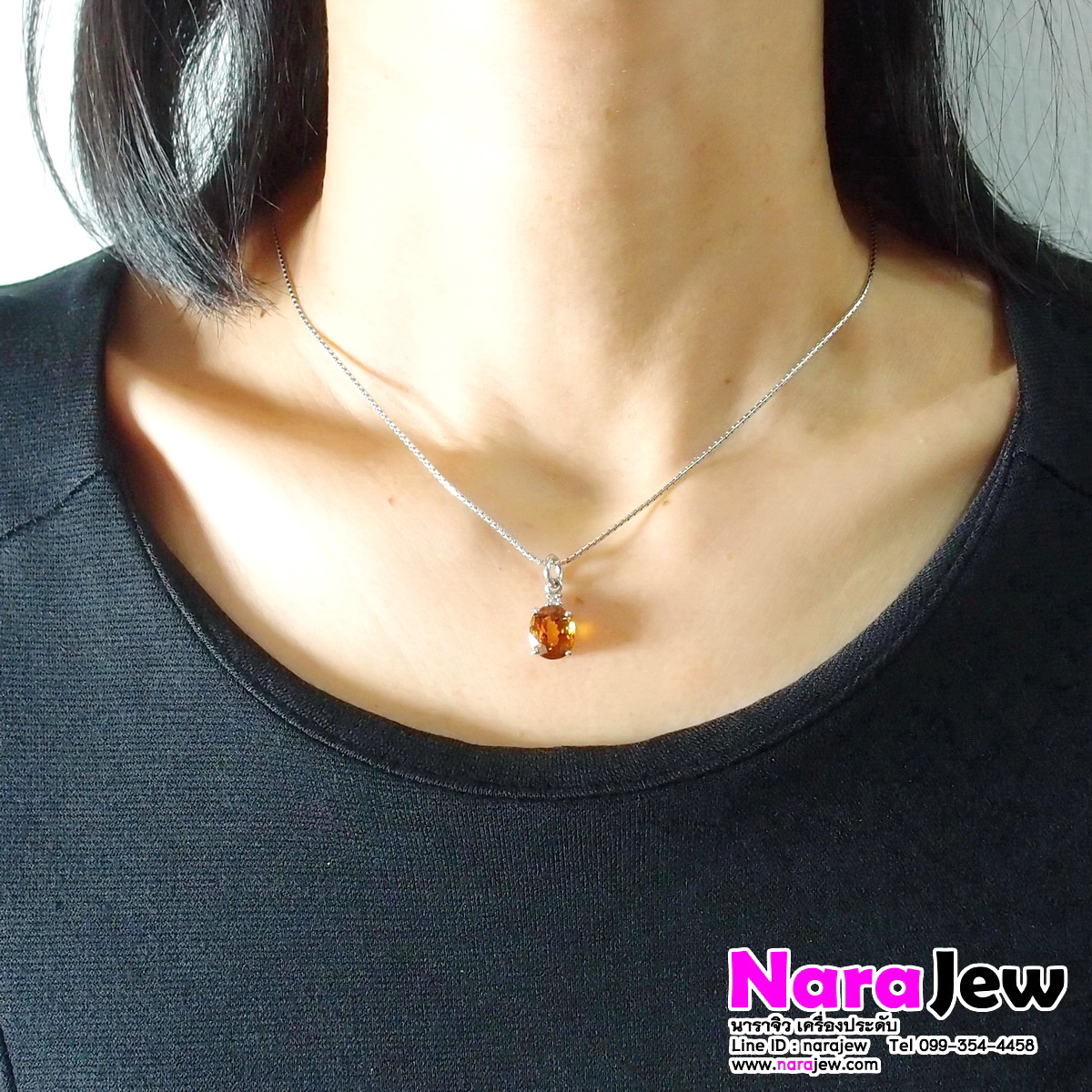 จี้พลอยซิทริน พลอยแท้ สีน้ำโขง น้ำหนัก 2 กะรัต เรือนเงินแท้ 925 ประดับเพชร CZ 1 เม็ด