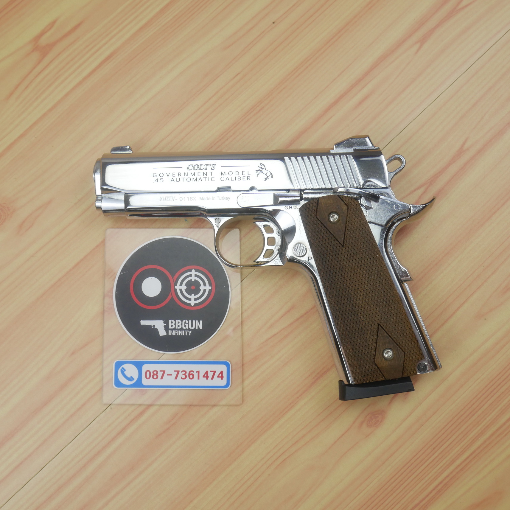แบลงค์กัน KUZEY M1911 COLT GOVERMENT 100 Year เงินเงา 4 นิ้ว blank gun ด้ามไม้