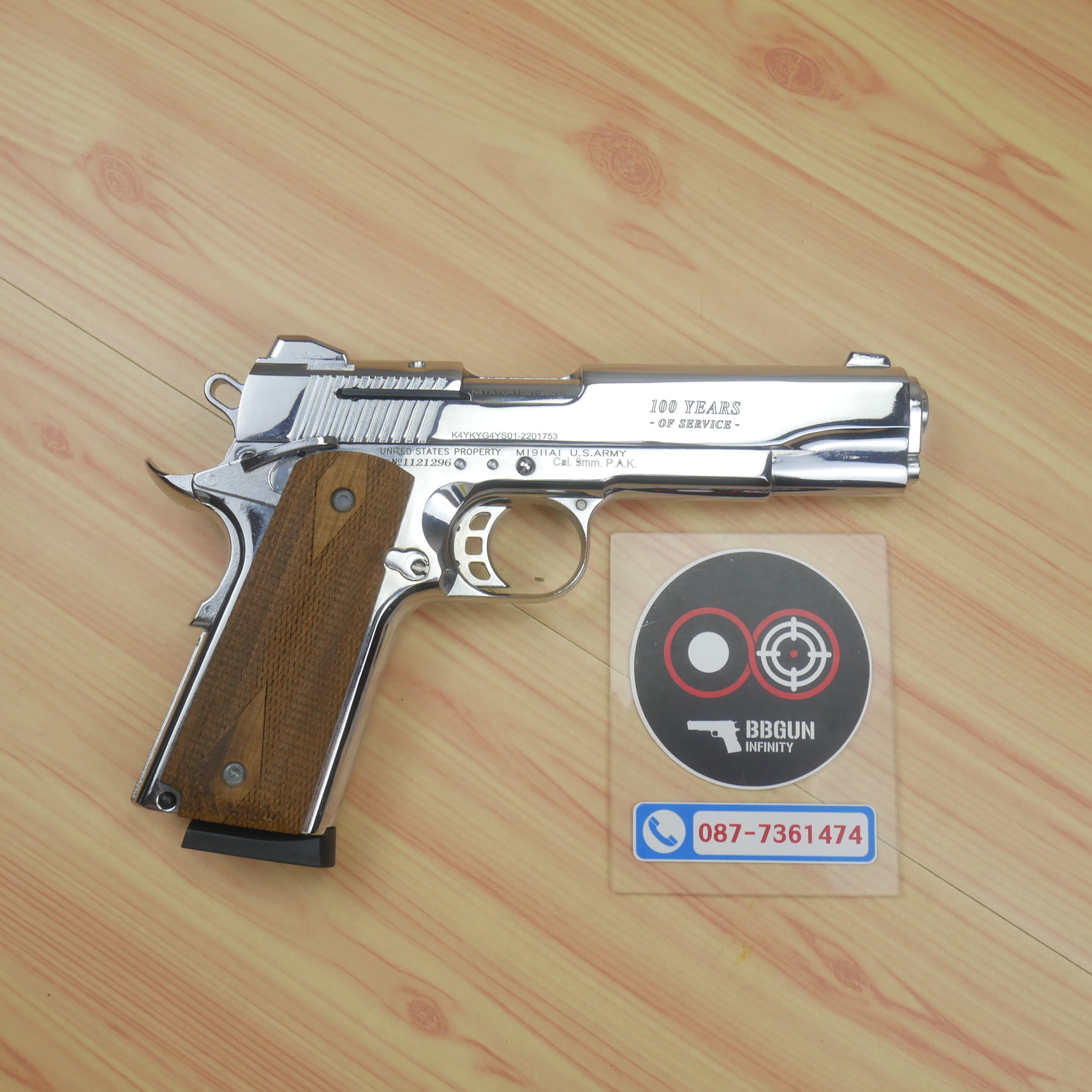 แบลงค์กัน KUZEY M1911 COLT GOVERMENT 100 Year เงินเงา 5 นิ้ว blank gun ด้ามไม้
