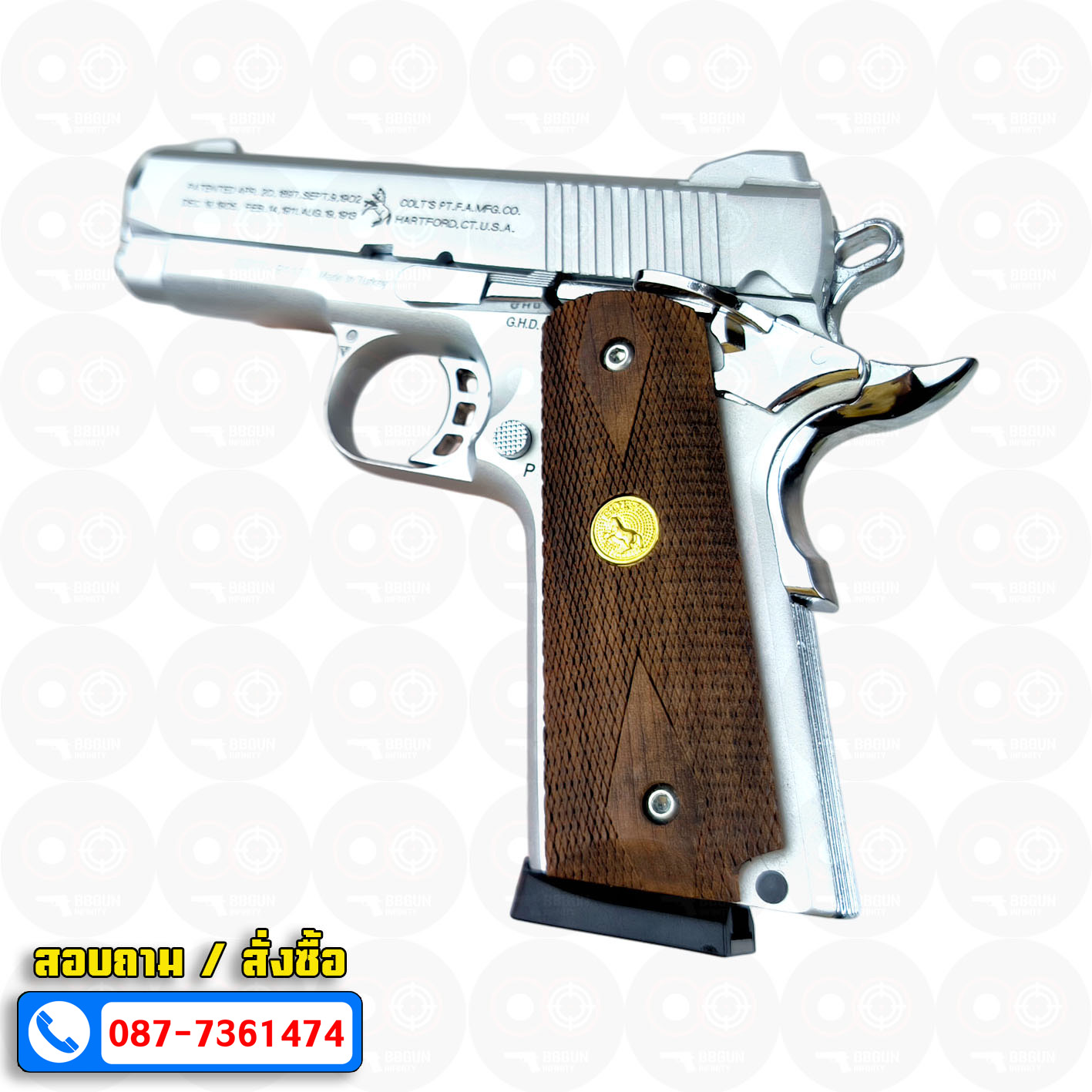 Blank Gun KUZEY M1911 COLT'S 100 ปี สีเงินด้าน 4 นิ้ว แบลงค์กัน ด้ามไม้