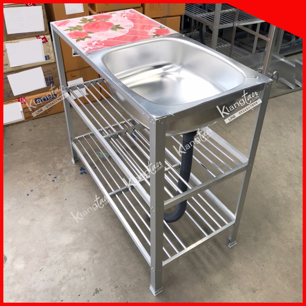 Diamond อ่างล้างจาน ตราเพชร 41x89x81 ซม. (1หลุม 2 ชั้น) ด้านข้างกระเบื้อง | ซิงค์อลูมิเนียม (เลือกก๊อกน้ำได้)