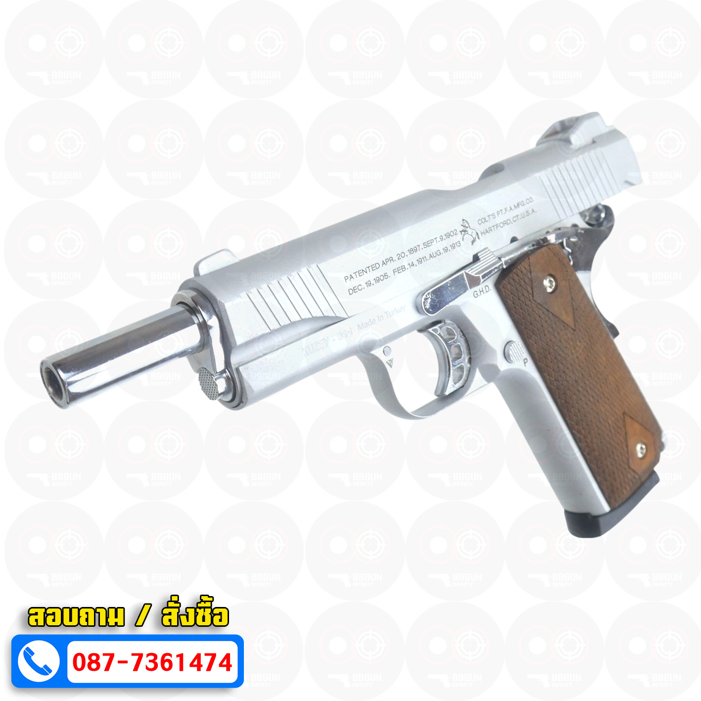 แบลงค์กัน KUZEY M1911 COLT'S 100 ปี สีเงินด้าน 5 นิ้ว ด้ามไม้ blank gun