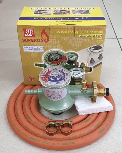 หัวปรับแรงดันต่ำ ชนิดตั้งเวลา ระบบตัดแก๊ส SCG R-500 พร้อมสายแก๊ส NCR คุณภาพสูง มาตรฐาน มอก. ขนาด 2 เมตร ตัวรัดสาย 2 ตัว