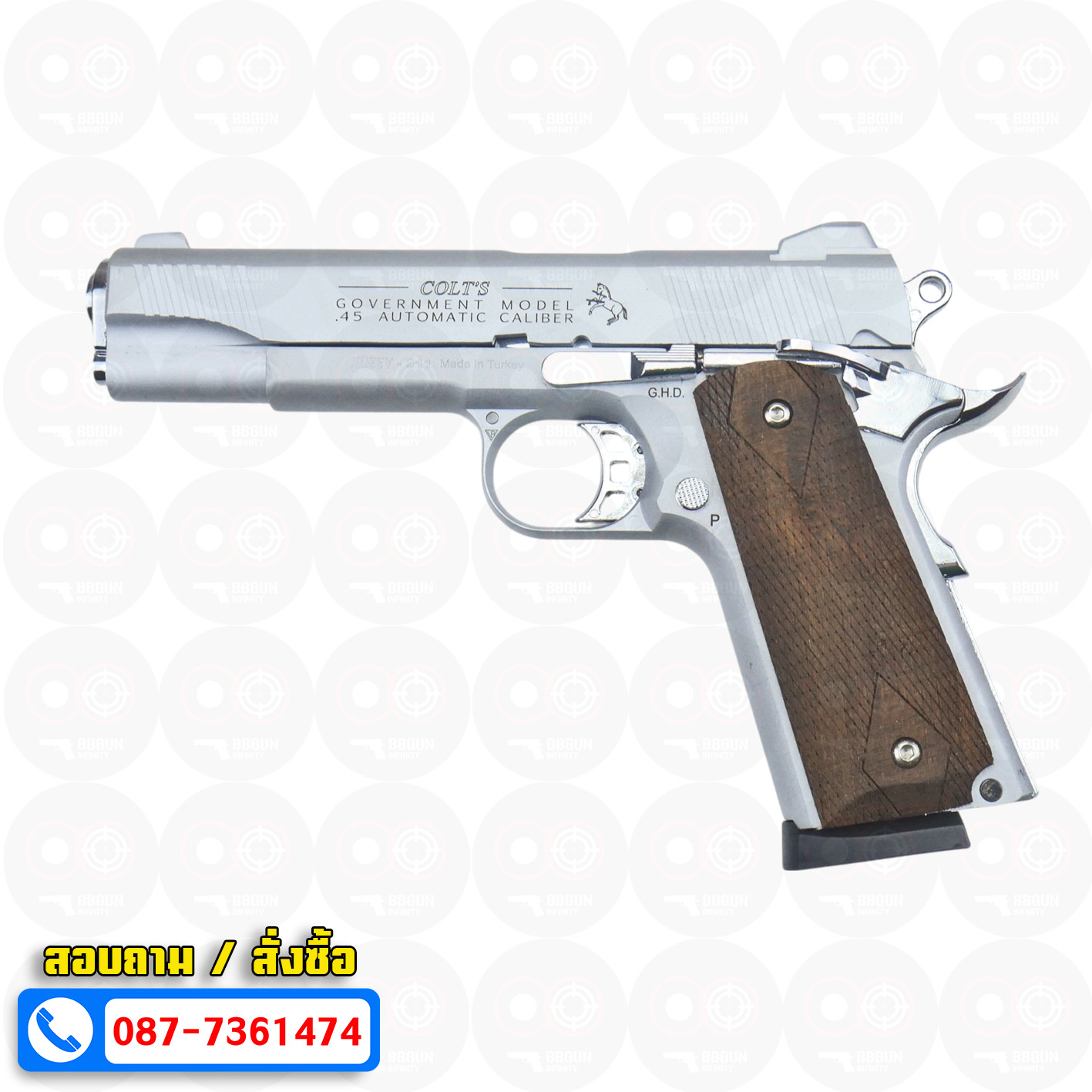 แบลงค์กัน KUZEY M1911 COLT GOVERMENT 100 Year สีเงินด้าน ลำกล้อง 5 นิ้ว blank gun ด้ามไม้