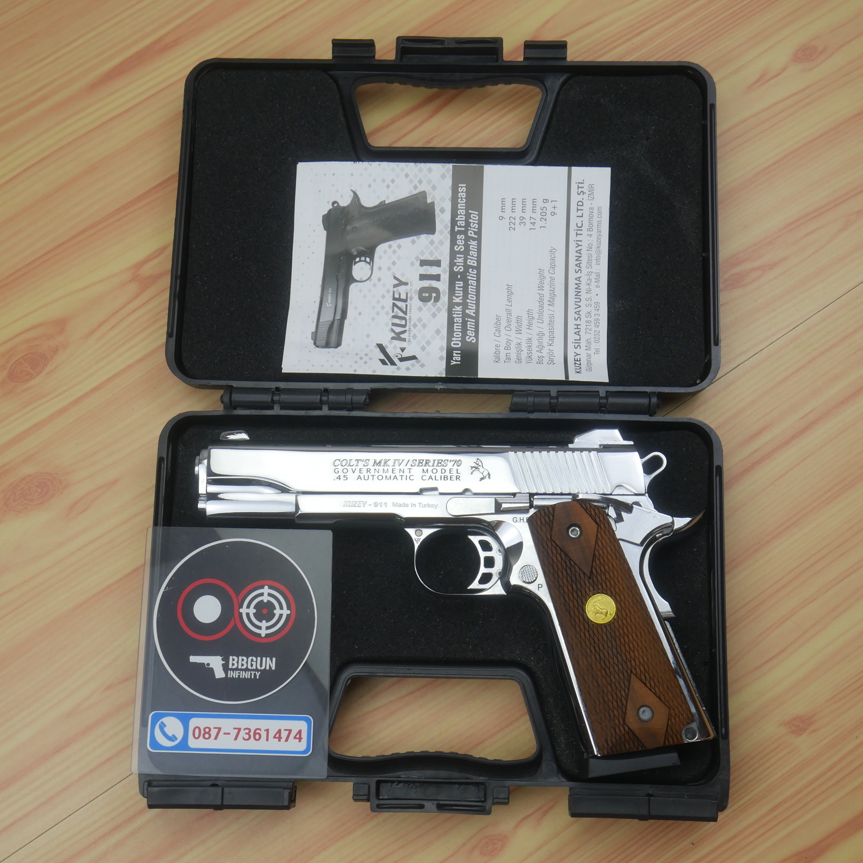 แบลงค์กัน KUZEY M1911 COLT MK IV SR70 สีเงินเงา 5 นิ้ว ด้ามไม้ (แถมกล่องใส่ปืน) blank gun