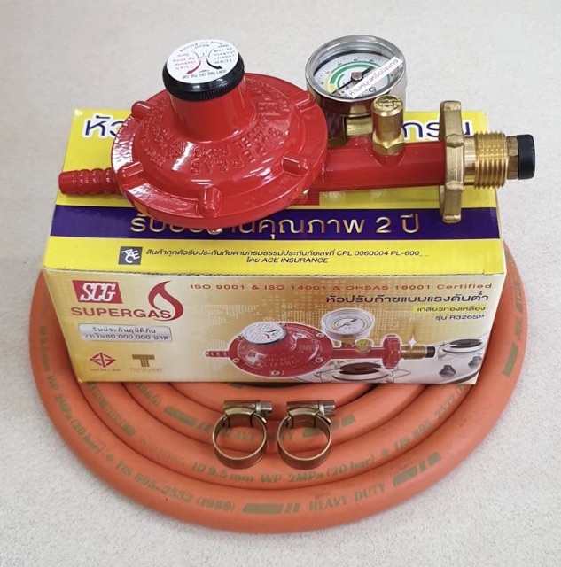 SCG หัวปรับแก๊สแรงดันต่ำ พร้อมชุดเซฟตี้และเกจวัด รุ่น R326SP พร้อมสายแก๊สคุณภาพสูง NCR มาตรฐาน มอก. 2 เมตร ตัวรัด 2 ตัว