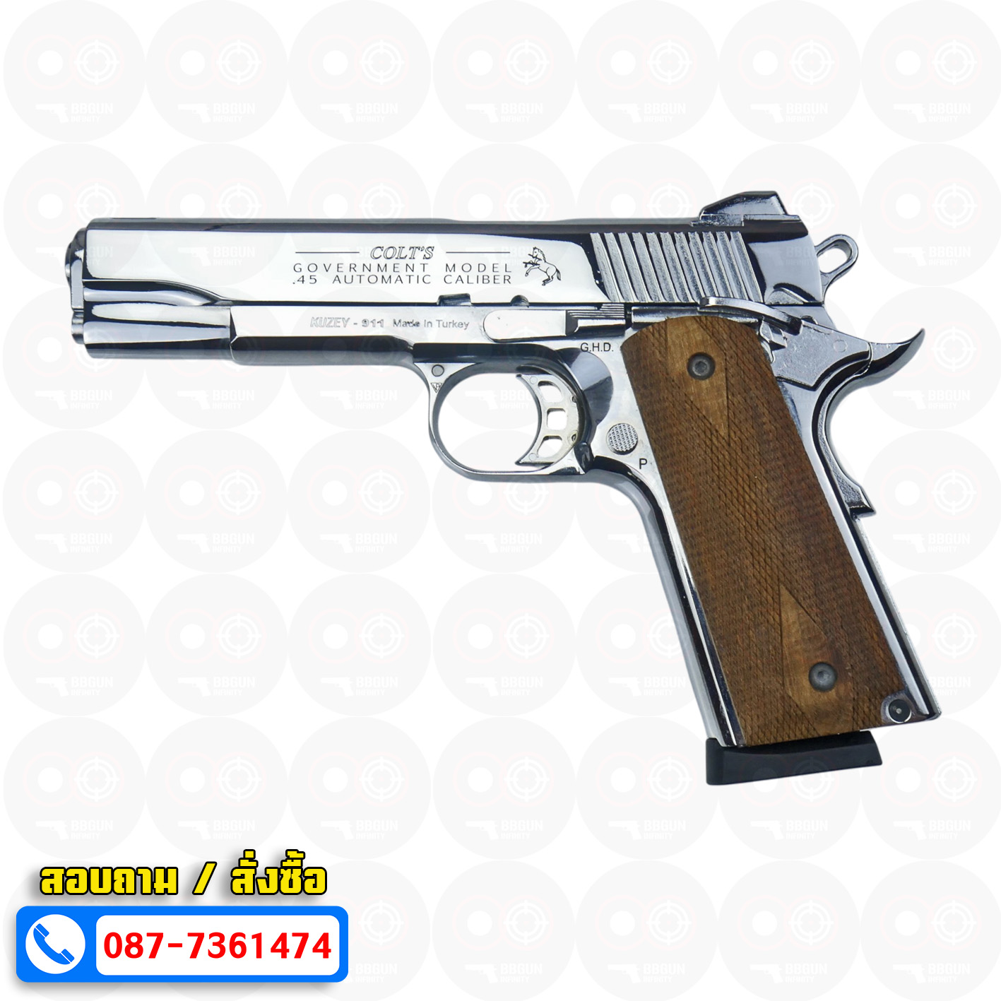 แบลงค์กัน KUZEY M1911 COLT GOVERMENT 100 Year เงินเงา 5 นิ้ว blank gun ด้ามไม้