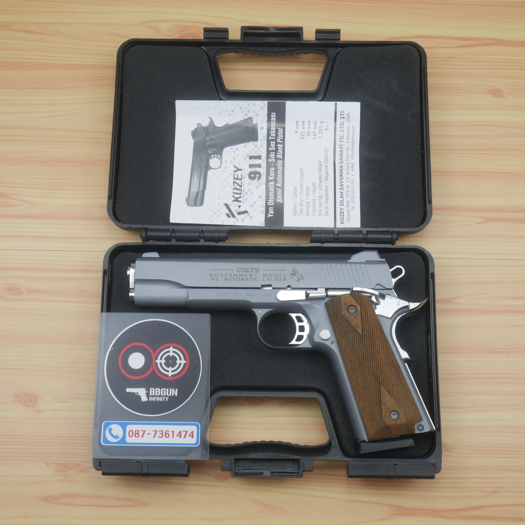 แบลงค์กัน KUZEY M1911 COLT GOVERMENT 100 Year Smoke 5 นิ้ว สีสโมค blank gun ด้ามไม้