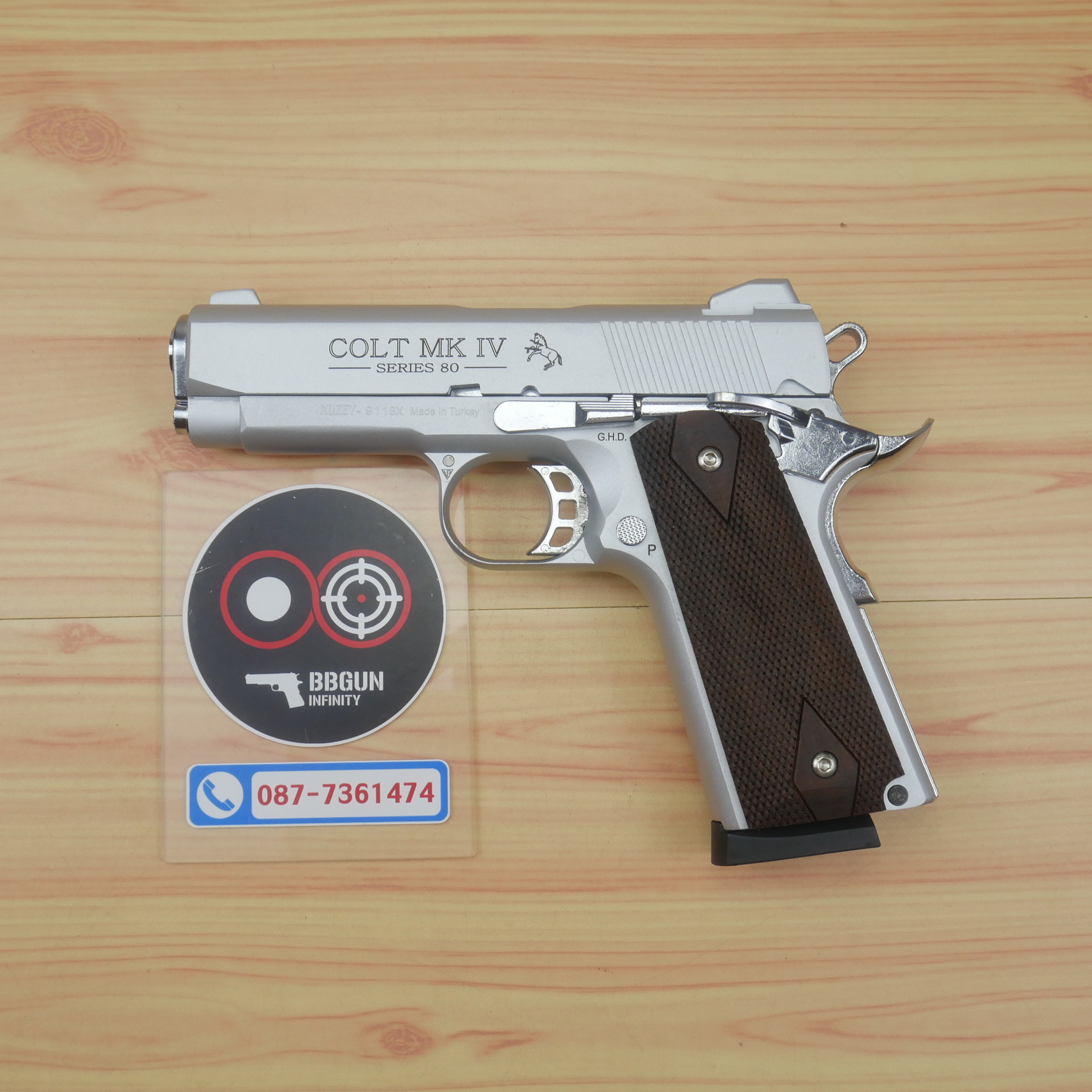 แบลงค์กัน KUZEY M1911 COLT MK IV SERIES 80 สีเงินด้าน 4 นิ้ว ด้ามไม้ Blank Gun