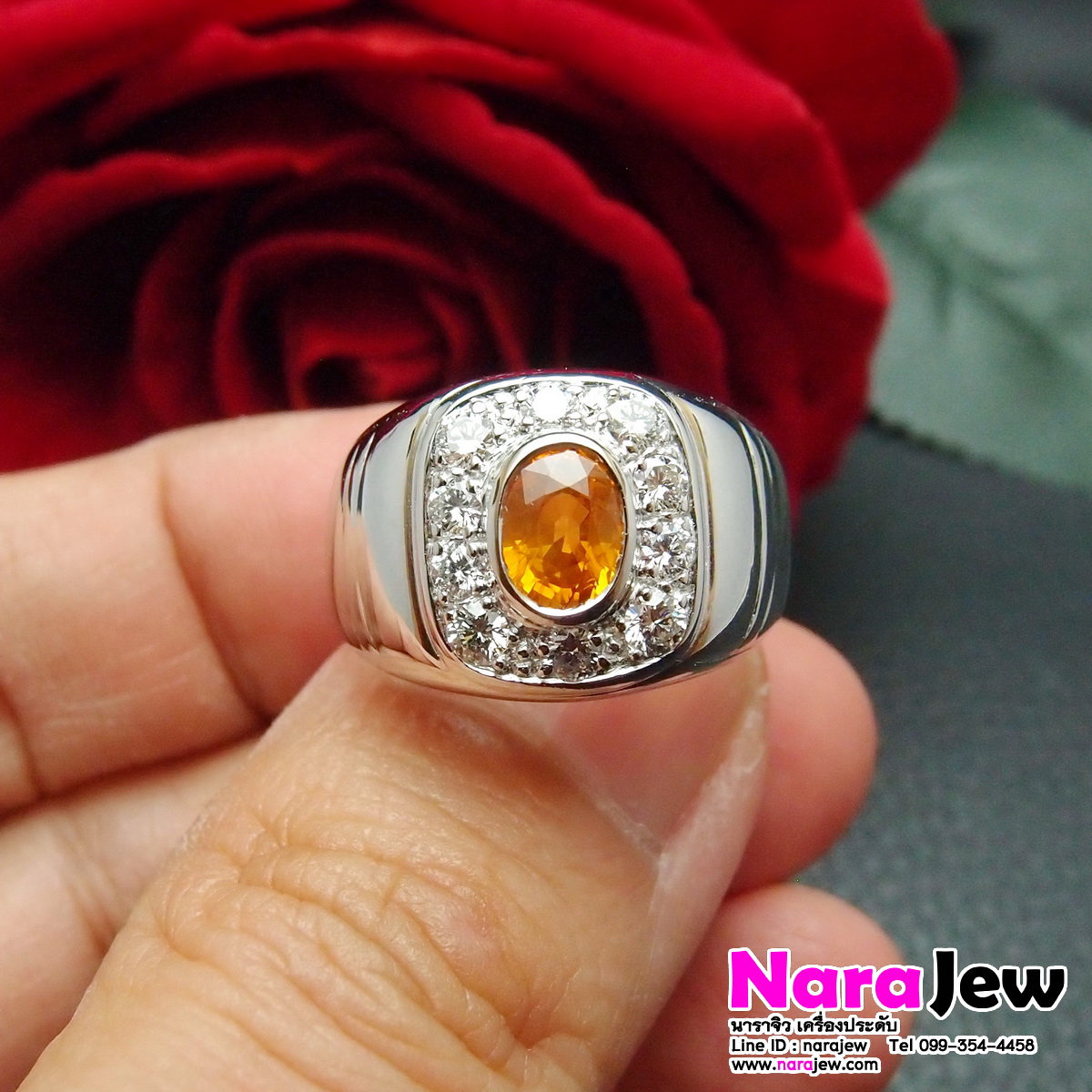 แหวนบุษราคัม บางกะจะ 1.5 กะรัต ล้อมเพชรแท้ 0.66 ct ทองหนาๆ สวมใส่แล้วดูภูมิฐาน สมฐานะ