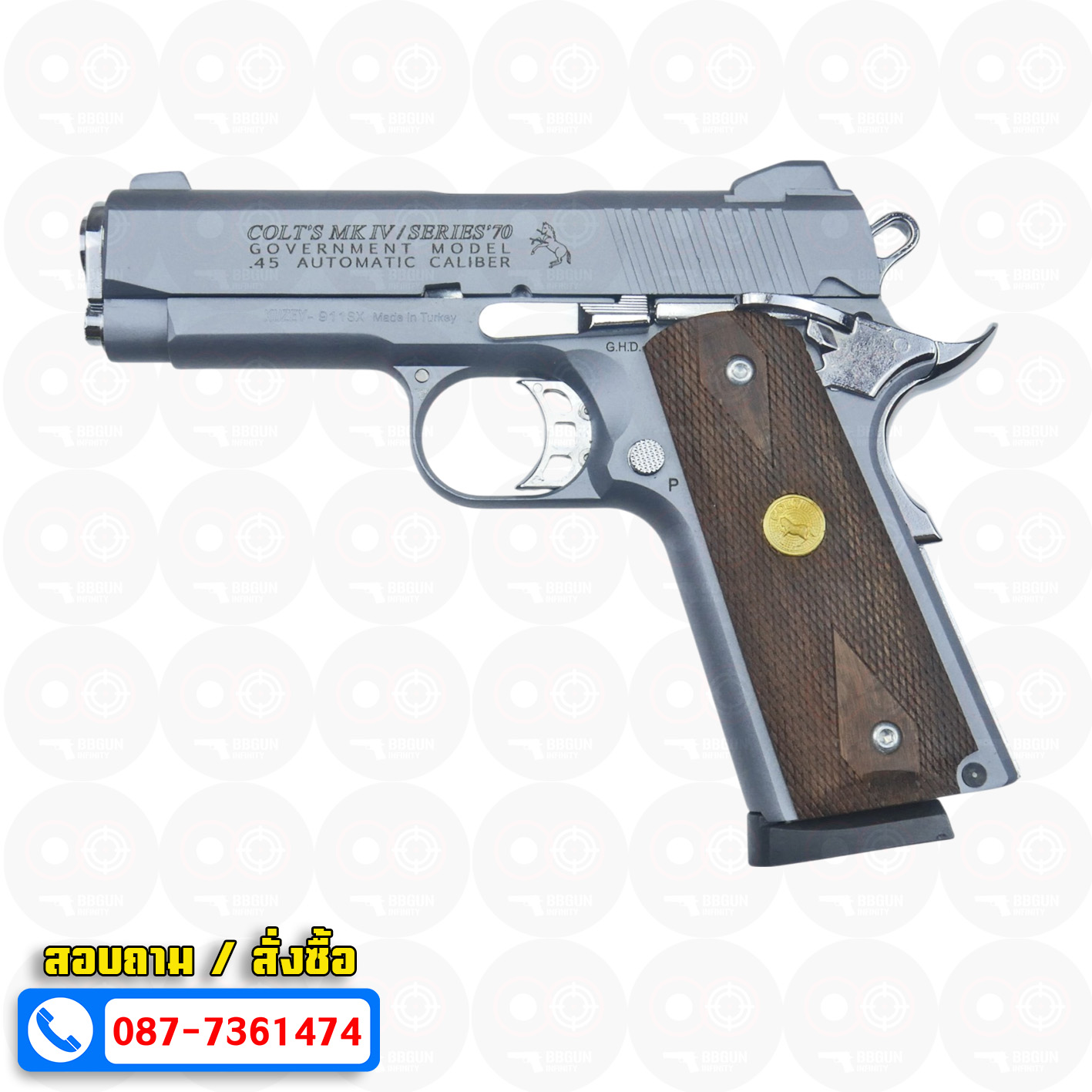 แบลงค์กัน KUZEY M1911 COLT'S MK IV SERIES'70 สีสโม๊ค 4 นิ้ว (smoke) ด้ามไม้ blank gun