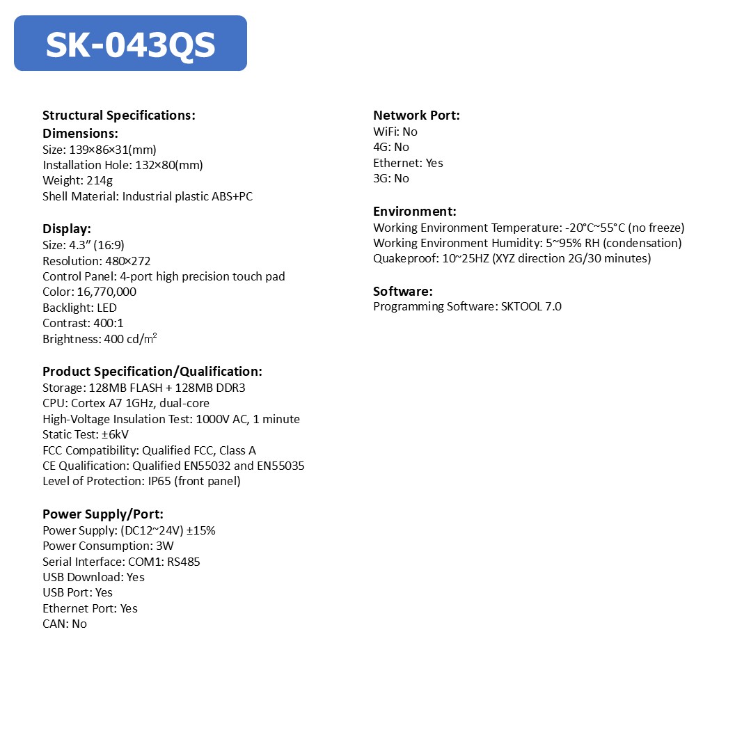 SAMKOON HMI SK-043QS จอทัชสกรีน 4.3" HMI Touch Screen 4.3" รองรับ Ethernet (Human Machine Interface)