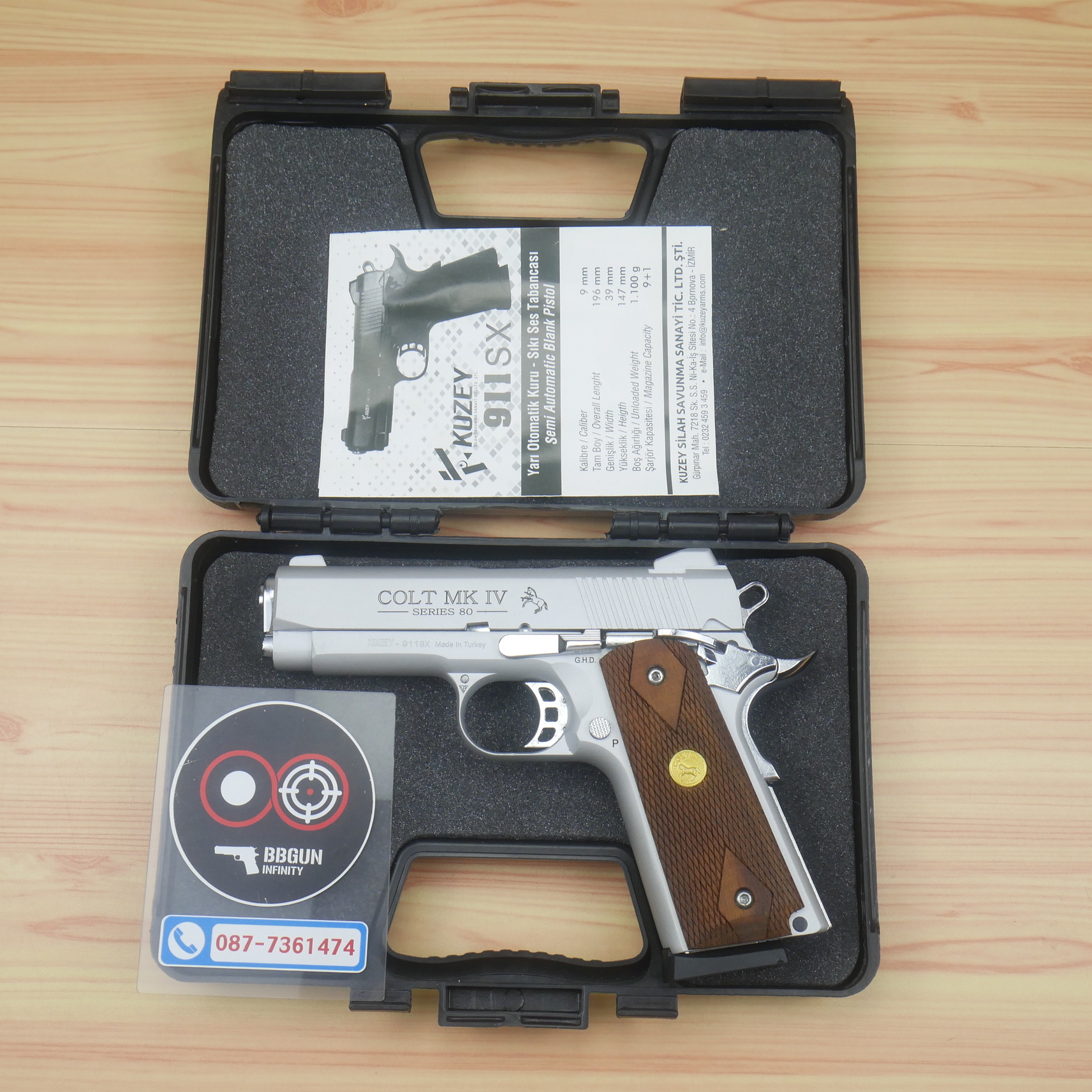 แบลงค์กัน KUZEY M1911 Colt MK IV 80 สีเงินด้าน ลำกล้อง 4 นิ้ว blank gun ด้ามไม้