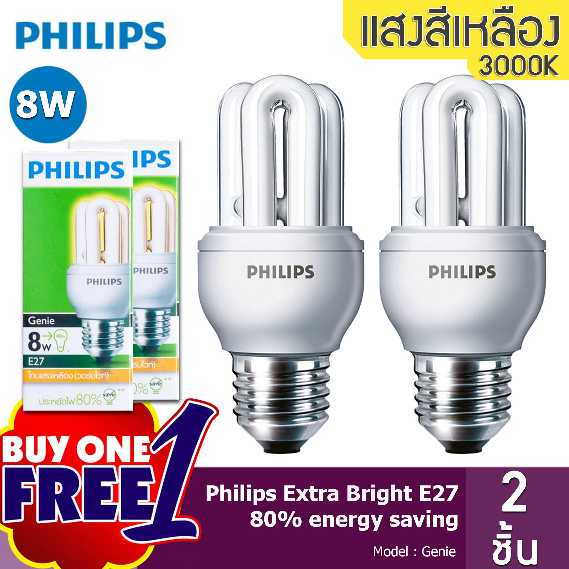 ซื้อ 1 ฟรี 1 Philips Genie หลอดประหยัดไฟ ฟิลิปส์ จีนี่ ขนาด 8W เกลียว E27