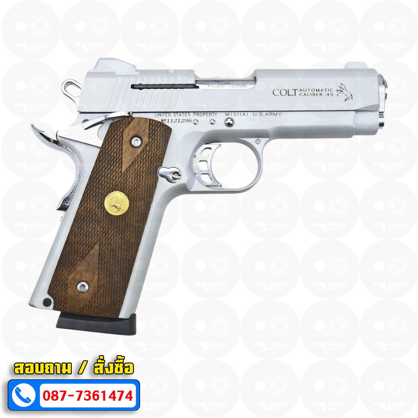 Blank Gun KUZEY M1911 COLT MK IV SERIES 80 ลำกล้อง 4 นิ้ว เงินด้าน แบลงค์กัน ด้ามไม้ (แถมกล่องใส่ปืน)