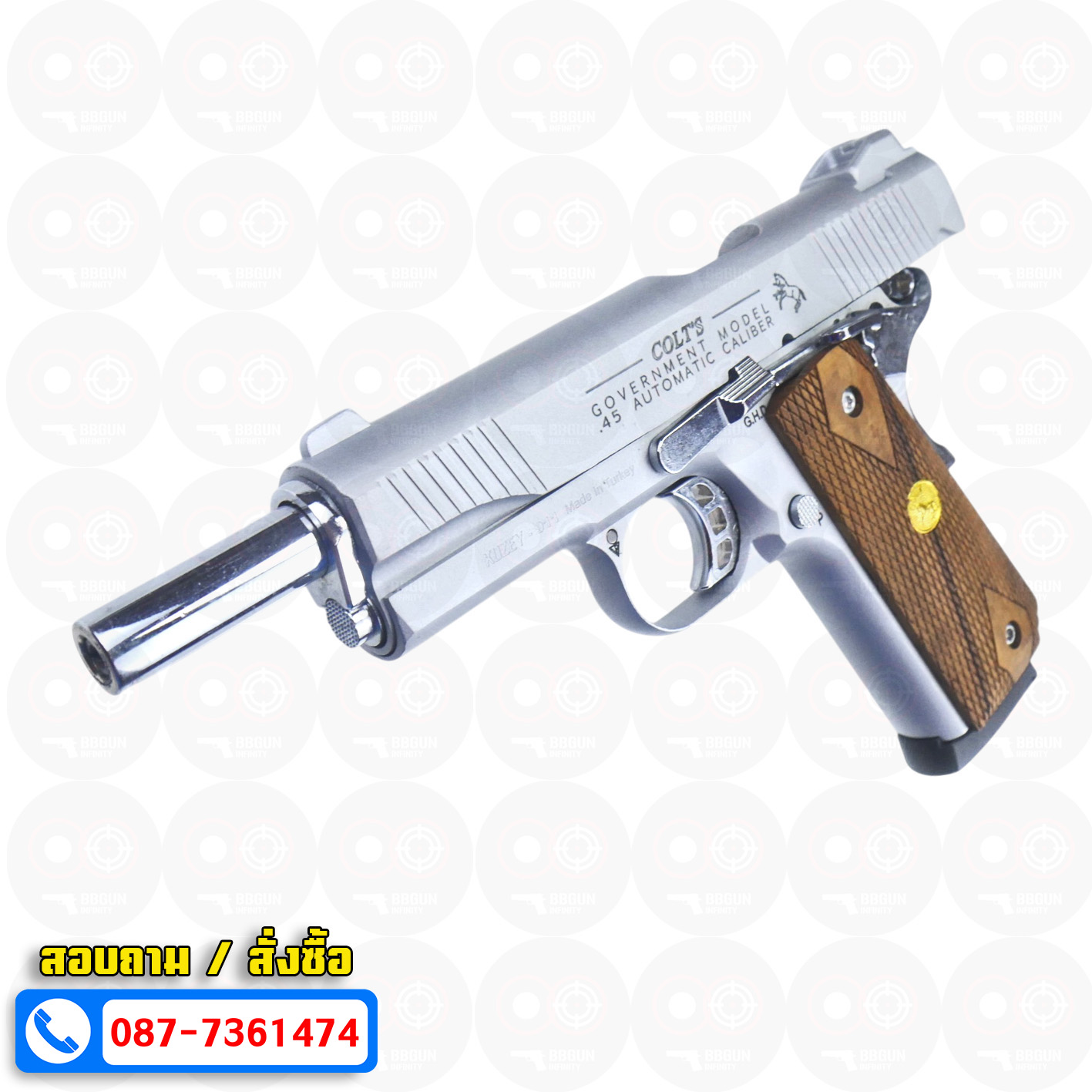 แบลงค์กัน KUZEY M1911 ลำกล้อง 5 นิ้ว COLT GOVERMENT 100 Year สีเงินด้าน blank gun ด้ามไม้ (แถมกล่องใส่ปืน)