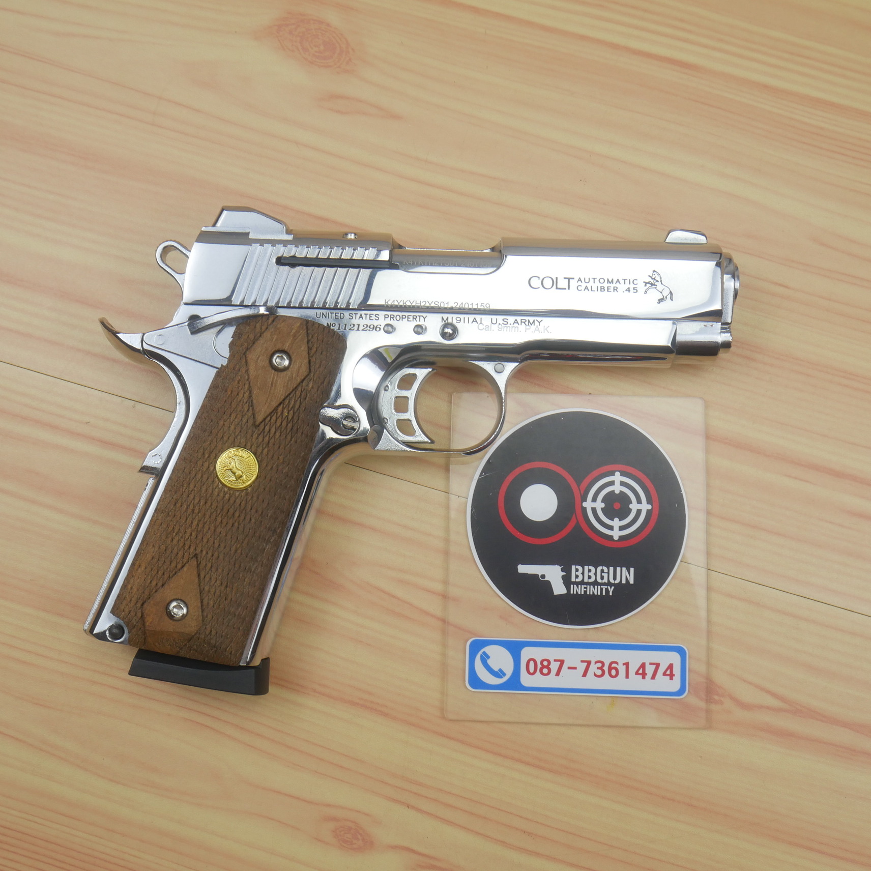 แบลงค์กัน KUZEY M1911 COLT MK IV SR70 สีเงินเงา 4 นิ้ว ด้ามไม้ blank gun