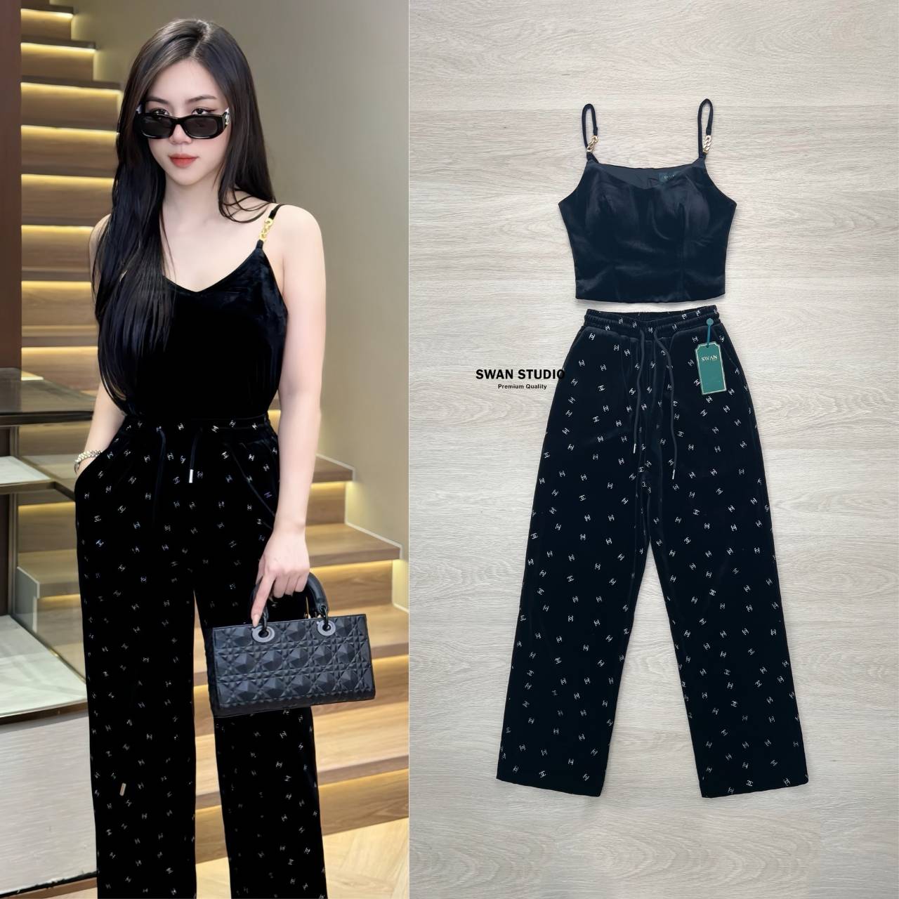 🌸XS 🌸 Set 2 ชิ้น ผ้ากำมะหยี่เสื้อสายเดี่ยวตรงสายแต่งโซ่ +กางเกงขายาว
