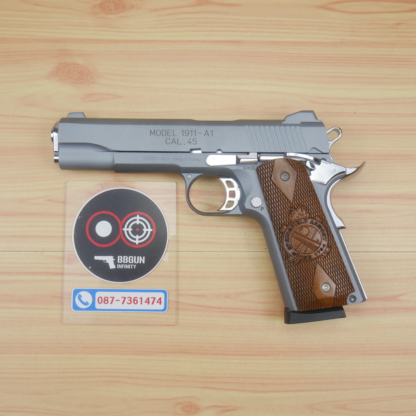 แบลงค์กัน KUZEY M1911-A1 ลำกล้อง 5 นิ้ว SPRINGFIELD ARMORY สีสโมค blank gun ด้ามไม้ (แถมกล่องใส่ปืน)