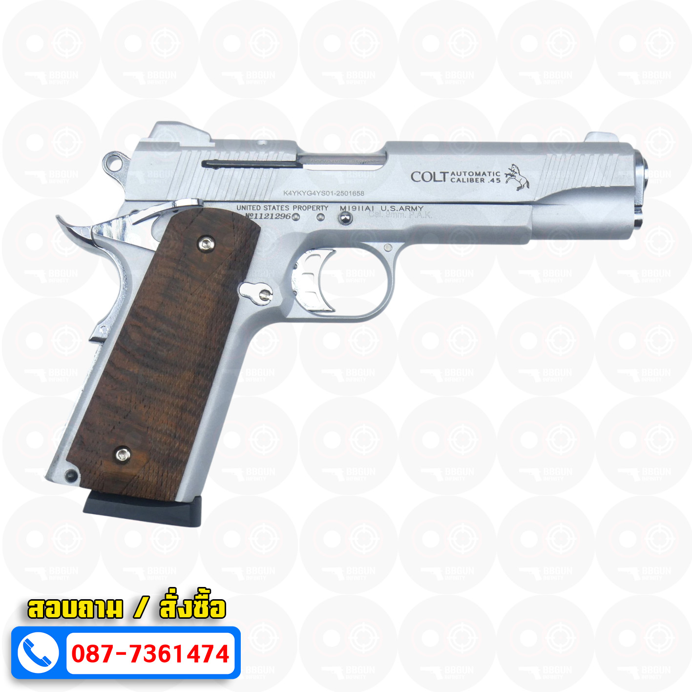 แบลงค์กัน KUZEY M1911 COLT'S DEFENDER SERIES 90 สีเงินด้าน 5 นิ้ว ด้ามไม้ Blank Gun