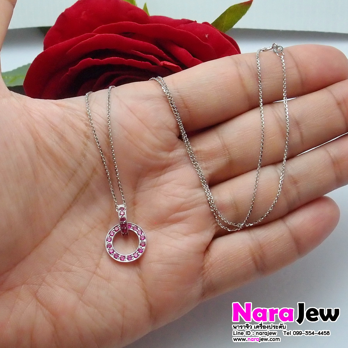 จี้พลอยแท้ พิ้งค์แซฟไฟร์ Pink sapphire ทรงกลม พร้อม สร้อยคอทองแท้ งานนอกอิตาลี ความยาวสร้อยคอ 18 นิ้ว