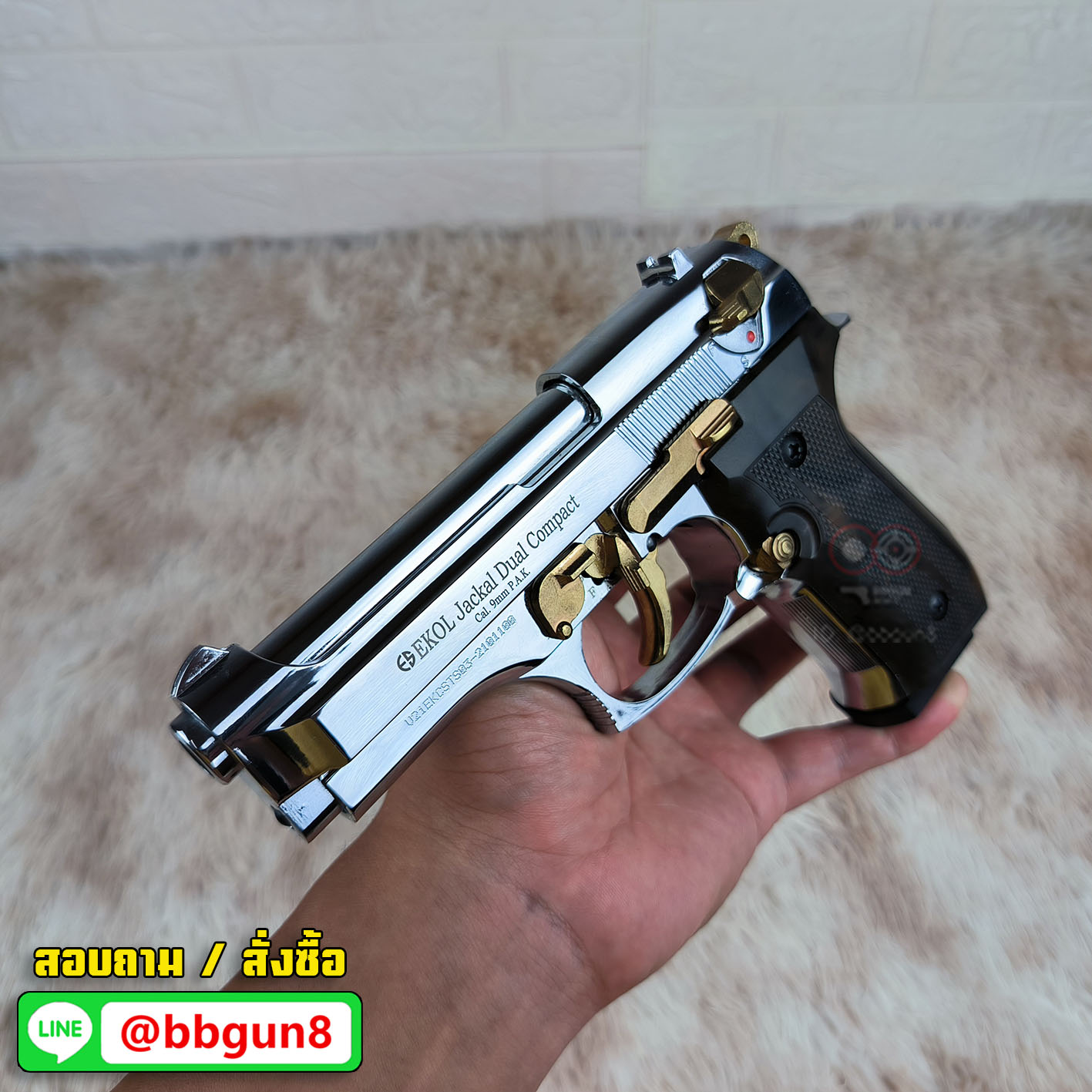 EKOL Jackal Dual Compact M92 4" (Full Auto) สีเงินเงา-ทอง แบลงค์กันบาเร็ตต้า 9 mm.P.A.K. (ฟูลออโต้) (แถมกล่องใส่ปืน แม็กกาซีน 2 อัน)