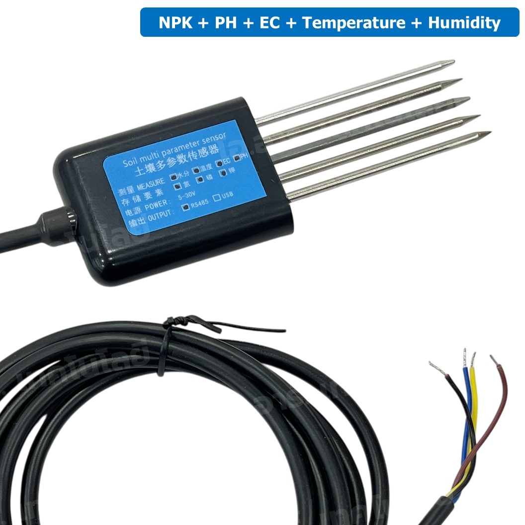 AF326 NPK+PH+EC+Temperature+Humidity เซนเซอร์วัดค่าแร่ธาตุในดิน+กรด-ด่าง PH+ความนำไฟฟ้า EC+อุณหภูมิ+ความชื้น 5ขา RS485 Output 5 Pin Probes NPK+PH+EC+T+H Soil Sensor with cable 2m เซนเซอร์วัดสารอาหารในดิน+กรดด่าง+EC+อุณหภูมิ+ความชื้น