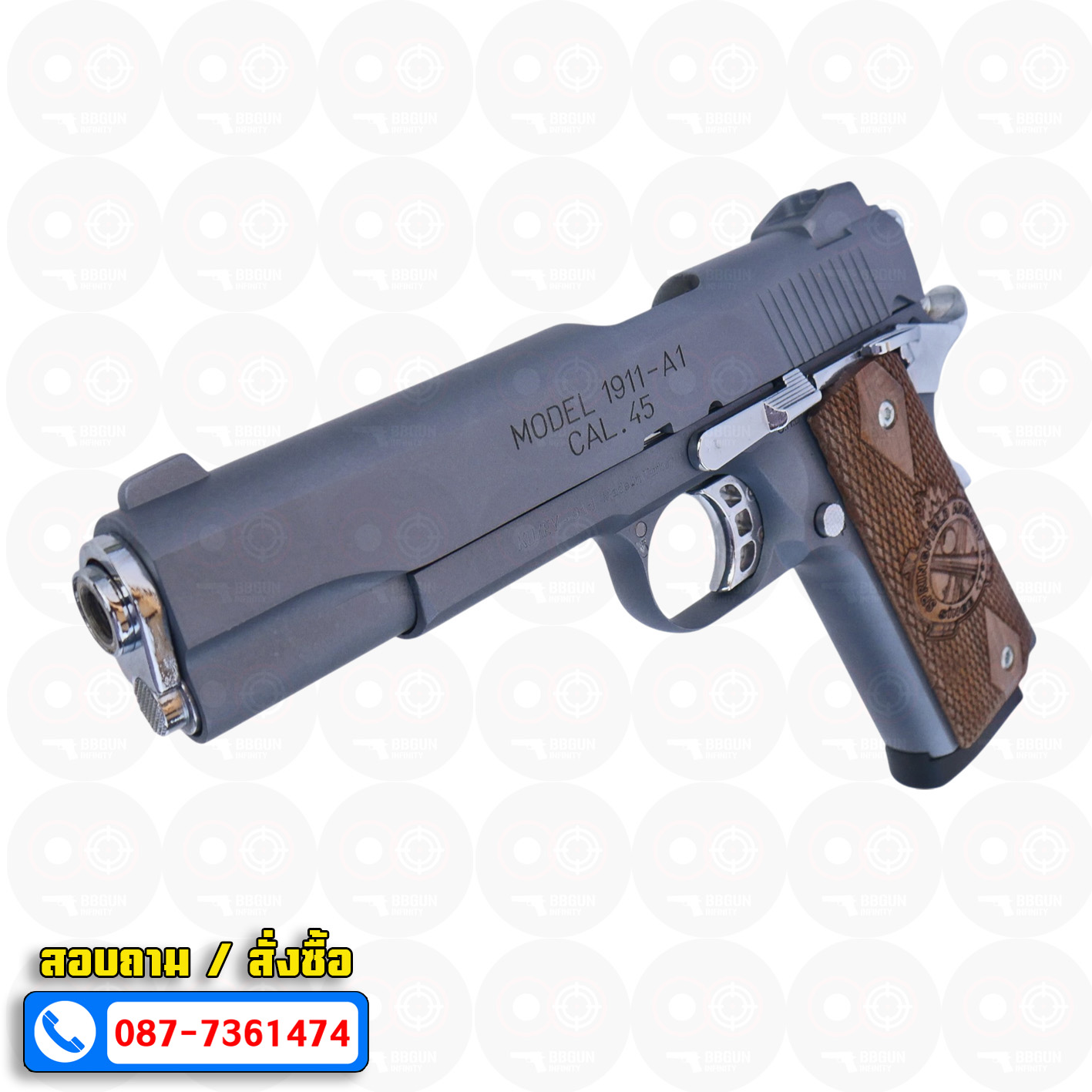 แบลงค์กัน KUZEY M1911-A1 ลำกล้อง 5 นิ้ว SPRINGFIELD ARMORY สีสโมค blank gun ด้ามไม้ (แถมกล่องใส่ปืน)