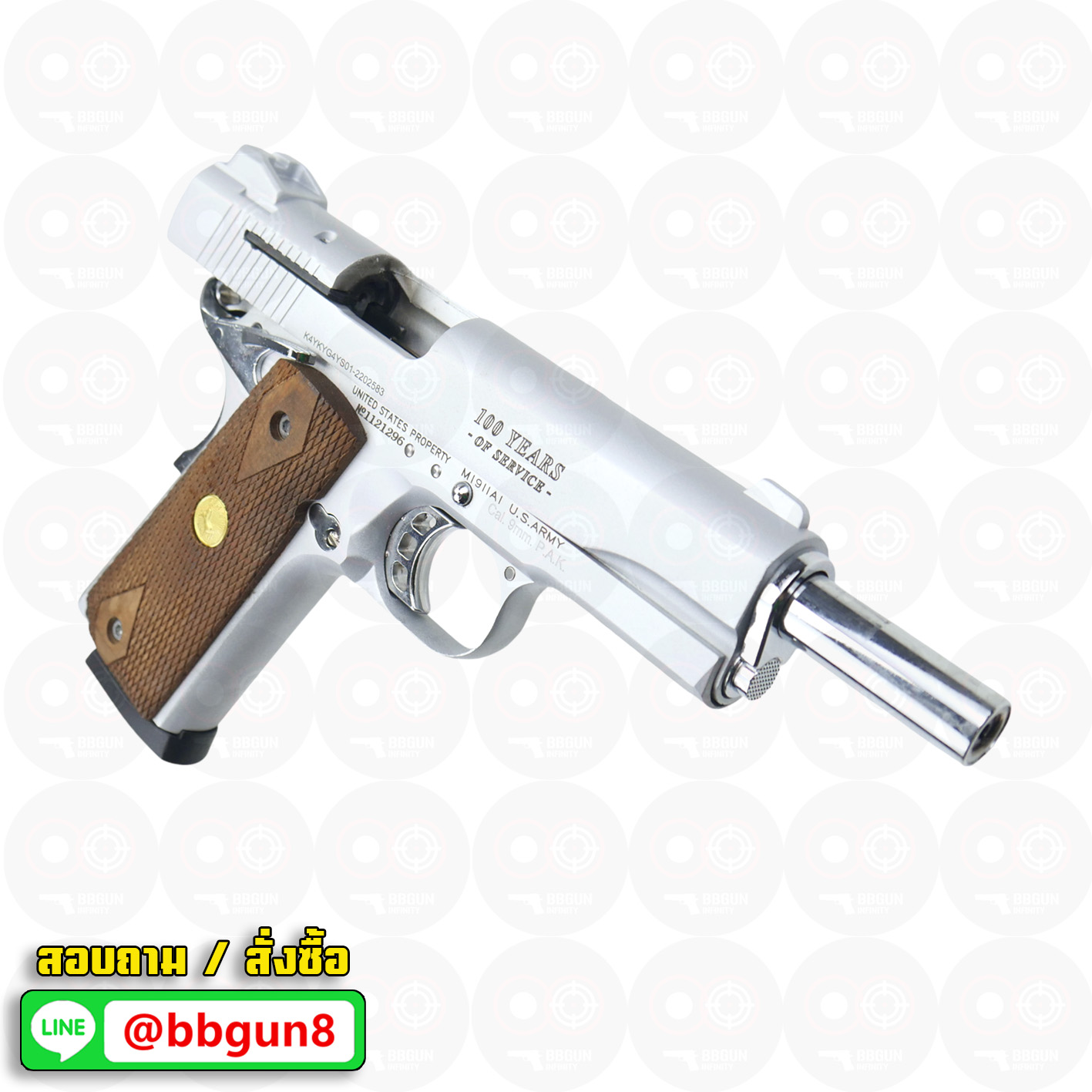 แบลงค์กัน KUZEY M1911 ลำกล้อง 5 นิ้ว COLT GOVERMENT 100 Year สีเงินด้าน blank gun ด้ามไม้