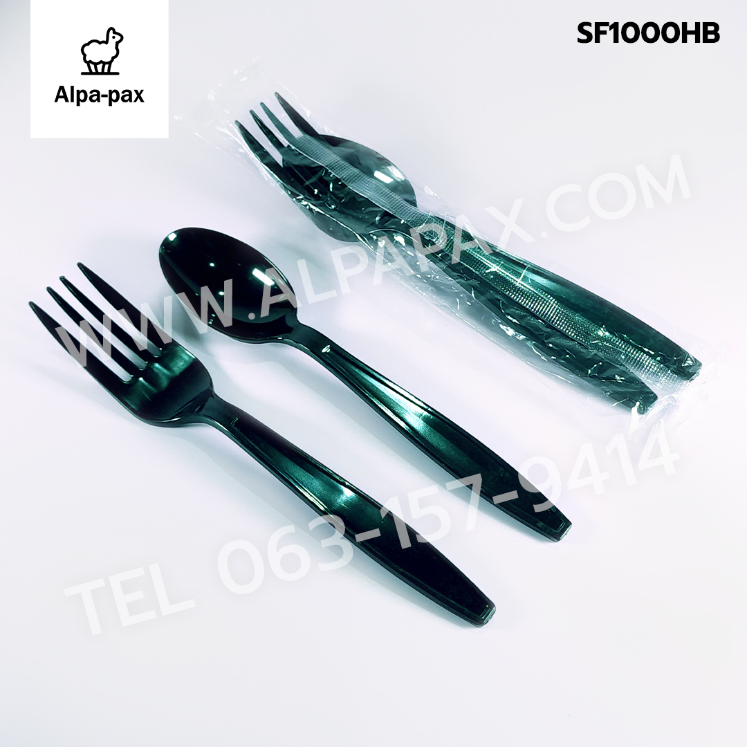 ชุดช้อนส้อมพลาสติกสีดำ รุ่นหนาพิเศษ แพ็คช้อนส้อมพลาสติกซีลถุงพลาสติก (ลัง1000คู่)