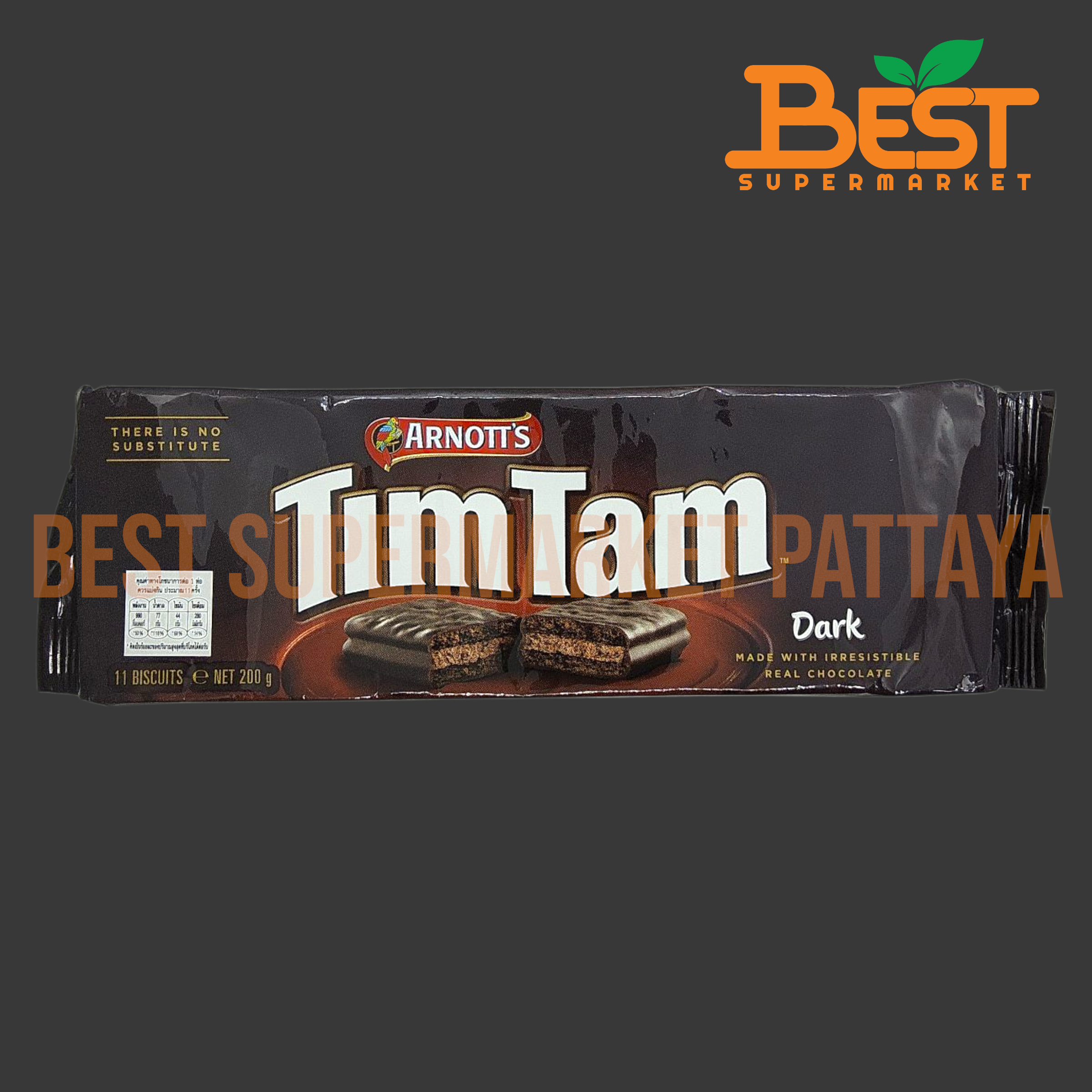 อาร์นอตส์ ทิมแทม บิสกิตเคลือบขนมรสช็อกโกแลตสอดไส้ครีมรสช็อกโกแลต 200 กรัม.Arnott's TimTam Dark Biscuit 200 g.