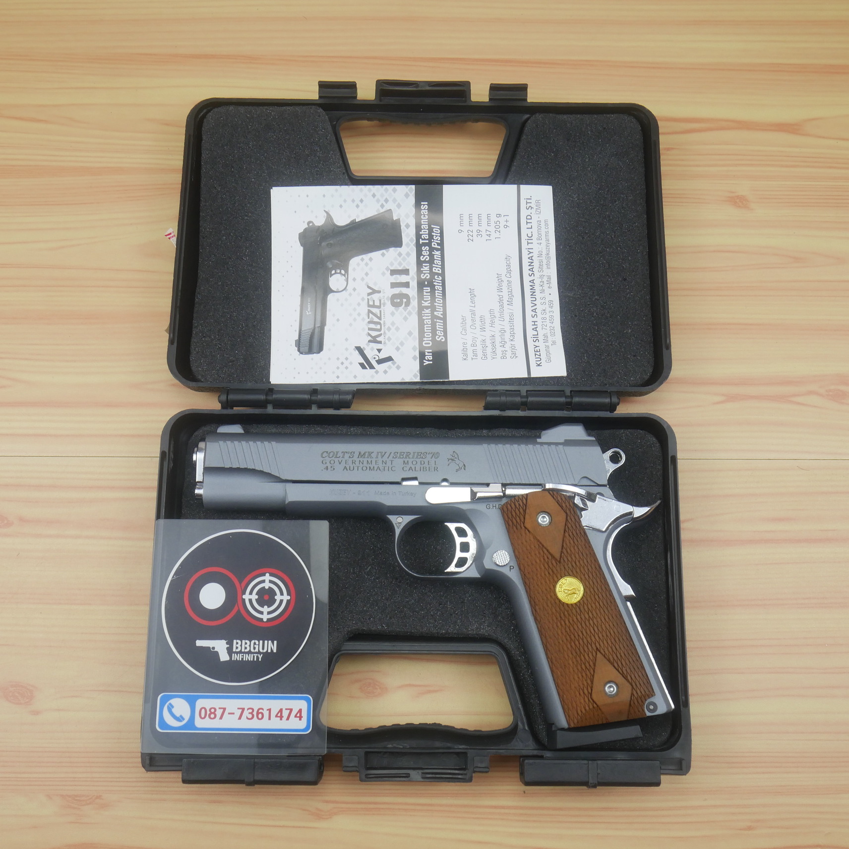 แบลงค์กัน KUZEY M1911 ลำ 5 นิ้ว COLT'S MK IV SERIES'70 blank gun สีสโม๊ค (smoke) ด้ามไม้