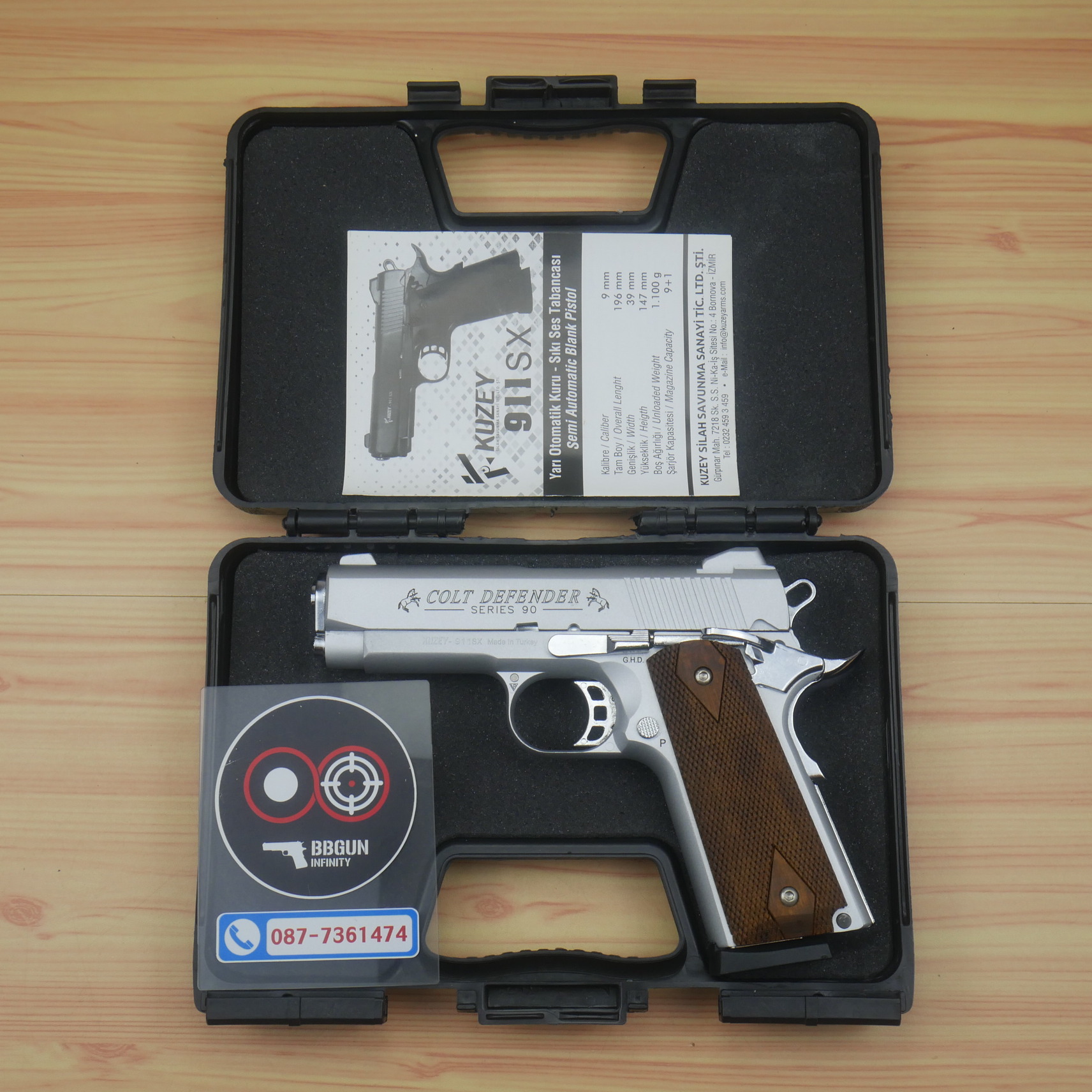 แบลงค์กัน KUZEY M1911 COLT'S DEFENDER SERIES 90 สีเงินด้าน 4 นิ้ว ด้ามไม้ Blank Gun