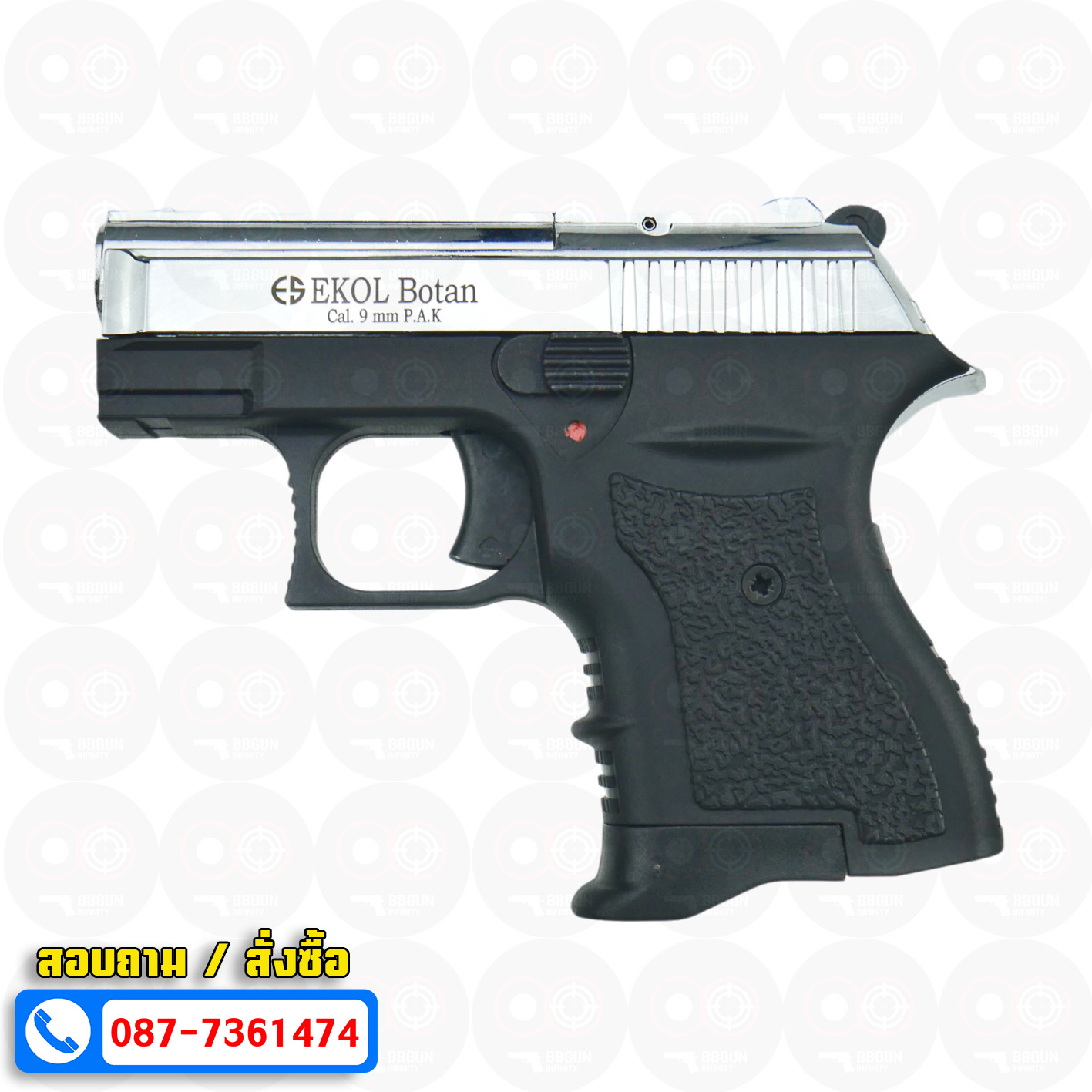 แบลงค์กัน EKOL BOTAN Shiny Chrome สีโครเมี่ยมเงา 9 mm P.A.K. Blank gun (แถมกล่องใส่ปืน)