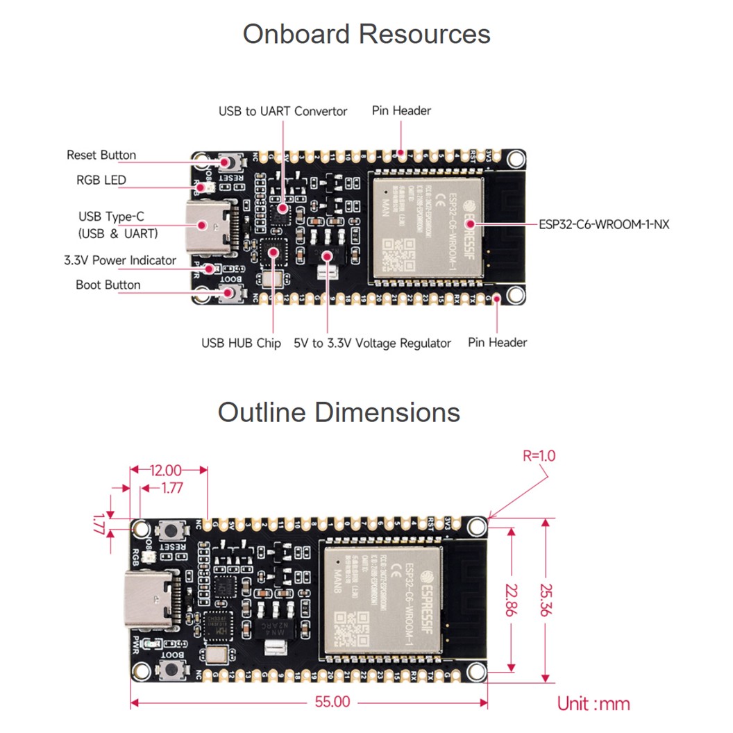 บอร์ด ESP32-C6-WROOM-1-N16 16MB Flash module core board Bluetooth/WiFi6 RISC-V development board ESP32-C6 แบบบัดกรี/ไม่บัดกรีขา Solder/Solderless