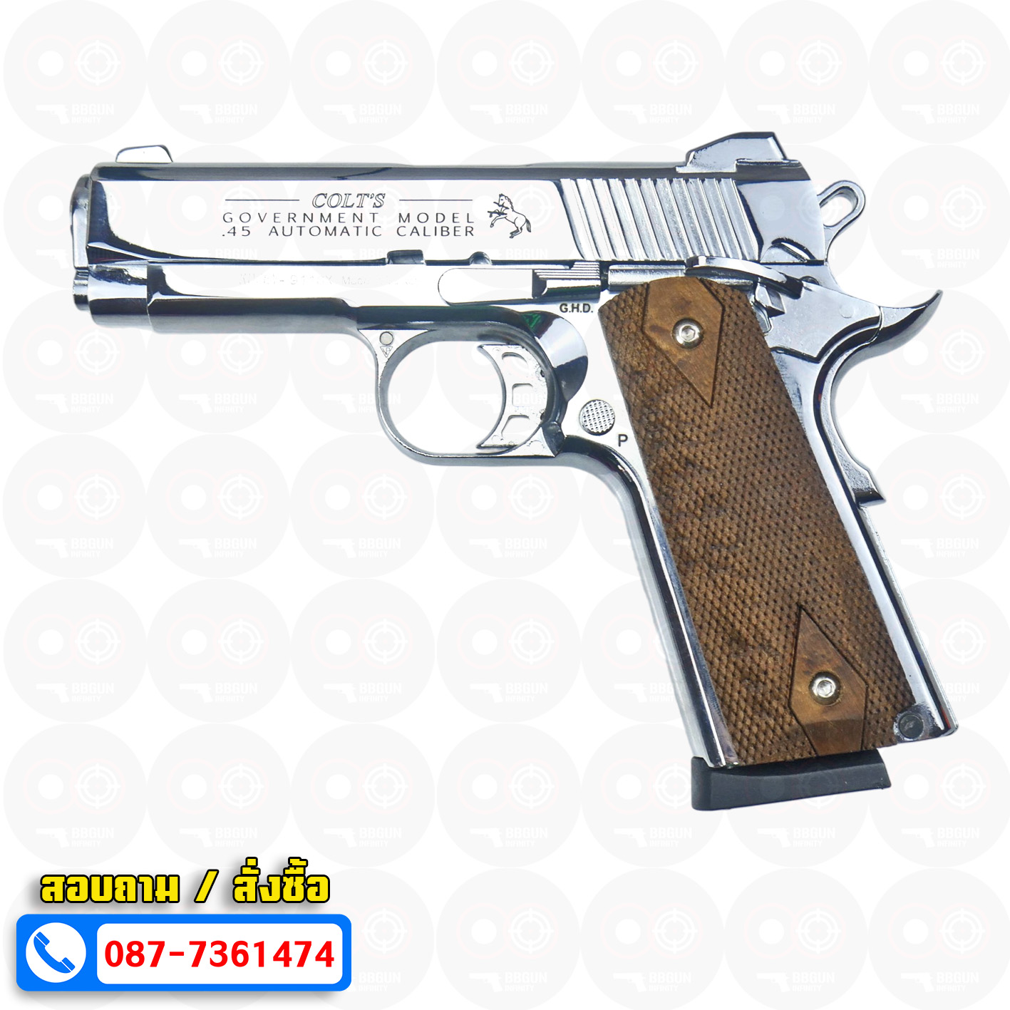 แบลงค์กัน KUZEY M1911 COLT GOVERMENT 100 Year เงินเงา 4 นิ้ว blank gun ด้ามไม้