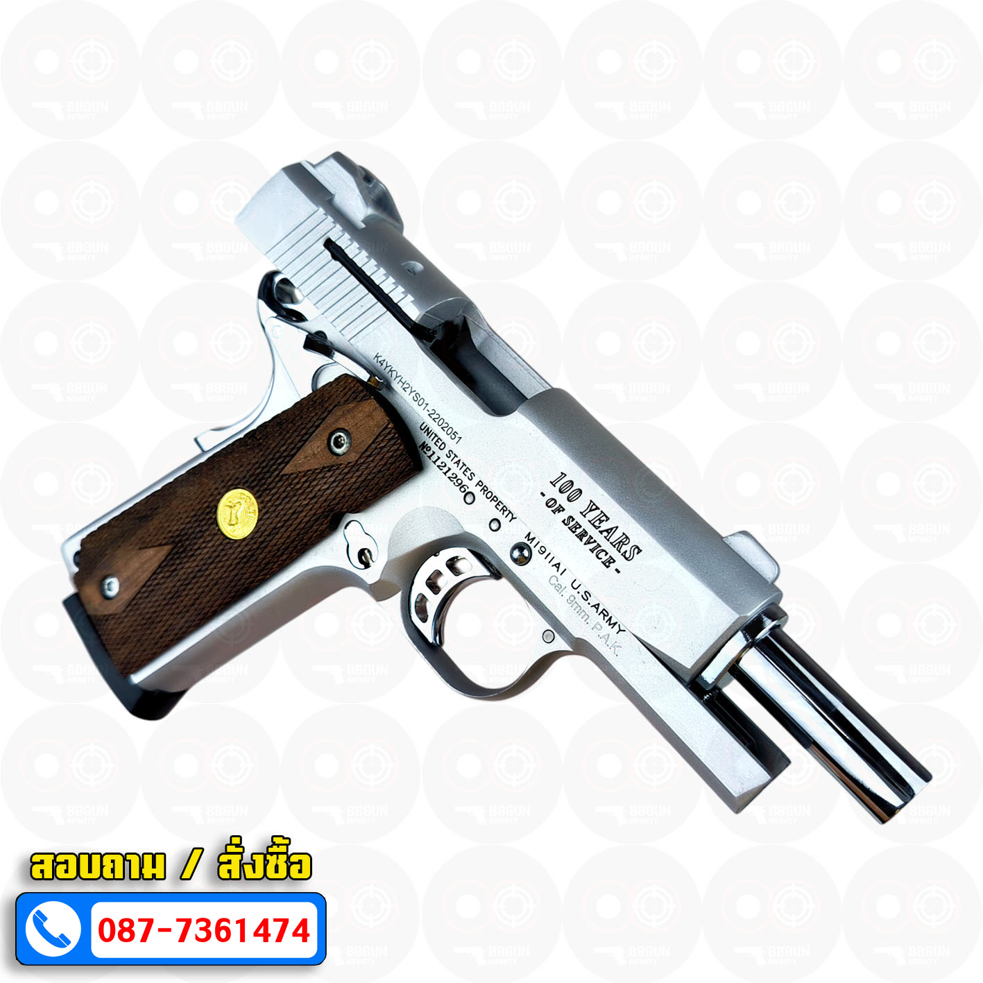 Blank Gun KUZEY M1911 COLT'S 100 ปี สีเงินด้าน 4 นิ้ว แบลงค์กัน ด้ามไม้