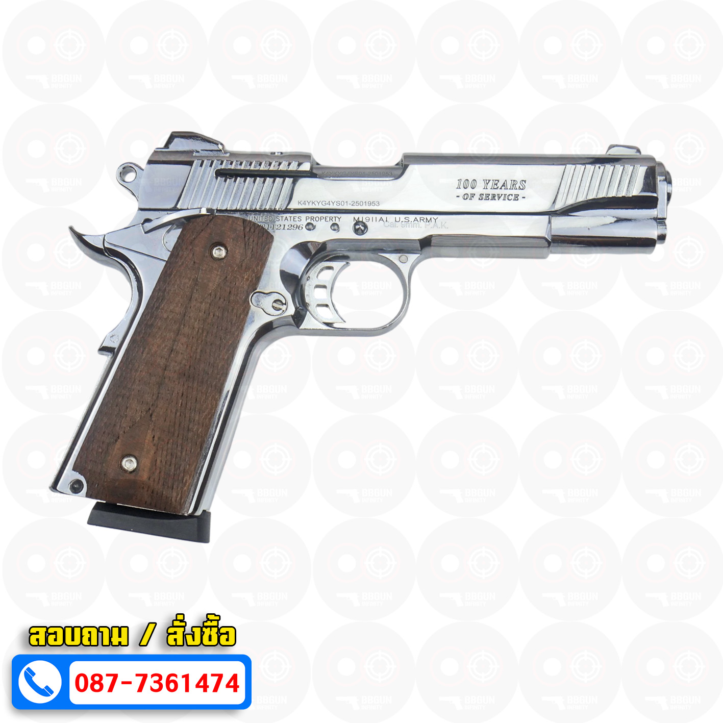 แบลงค์กัน KUZEY M1911 COLT'S 100 ปี สีเงินเงา 5 นิ้ว ด้ามไม้ blank gun