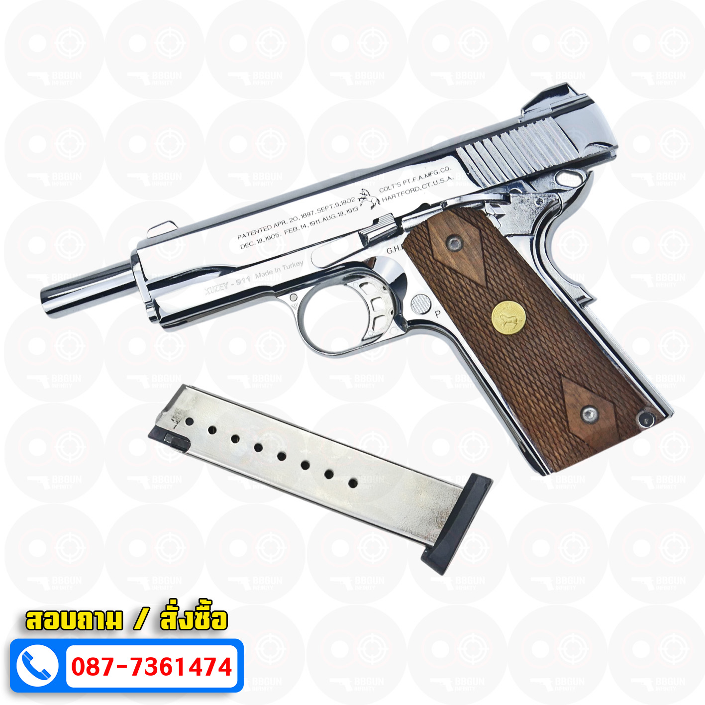แบลงค์กัน KUZEY M1911 COLT'S 100 ปี สีเงินเงา ลำกกล้อง 5 นิ้ว blank gun ด้ามไม้ (แถมกล่องใส่ปืน)