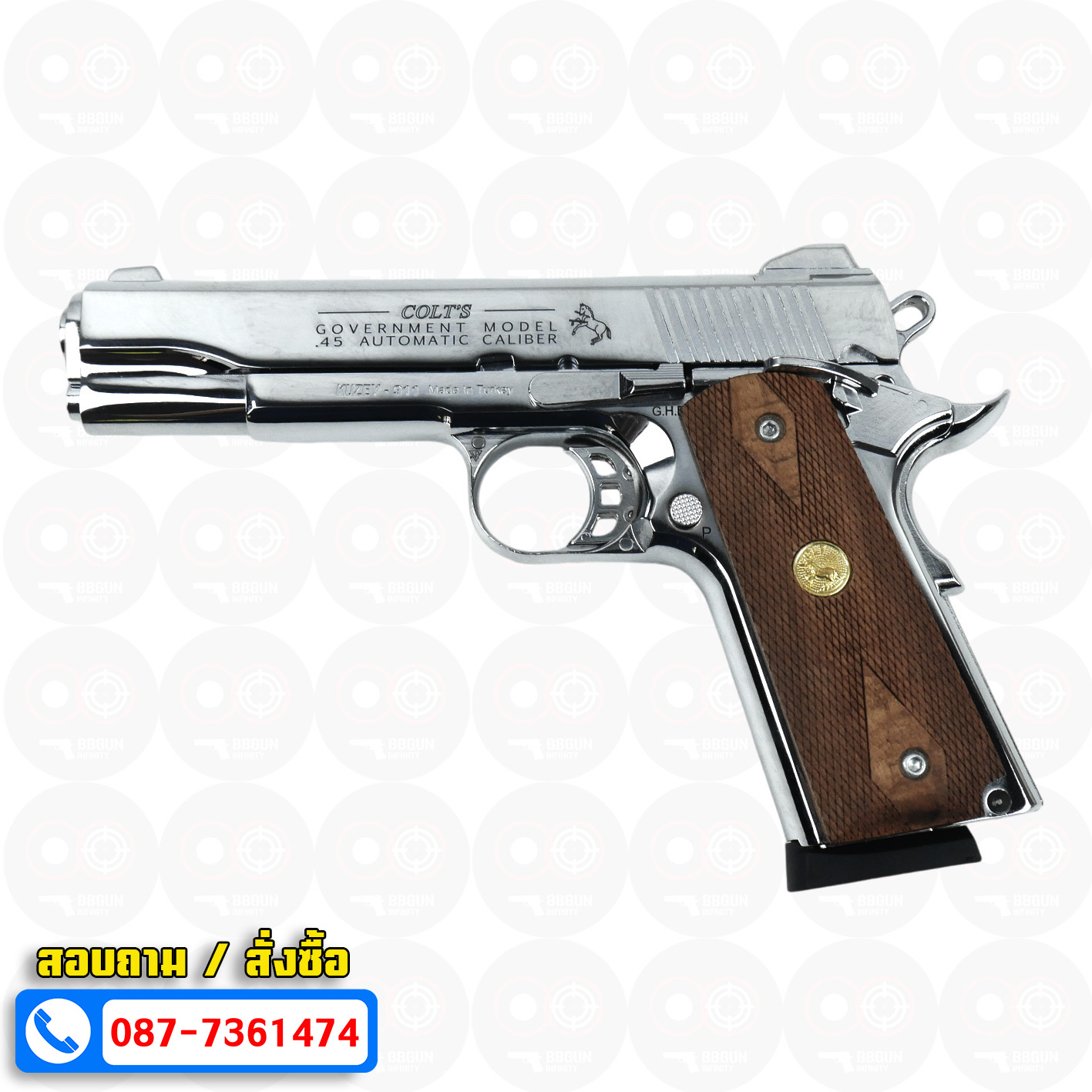 แบลงค์กัน KUZEY M1911 5 นิ้ว COLT GOVERMENT 100 Year สีเงินเงา blank gun ด้ามไม้