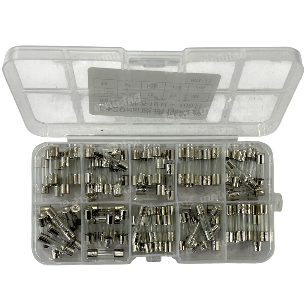 Fuse box 100pcs 5x20mm ชุดฟิวส์ 100ชิ้น 10ค่า ค่าละ 10ชิ้น Fuse tube glass with component box 0.2A~20A ฟิวส์ไฟฟ้า
