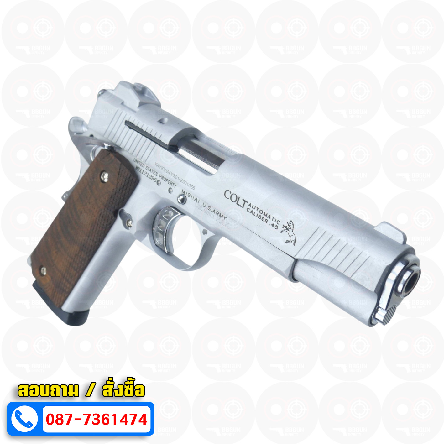 แบลงค์กัน KUZEY M1911 COLT'S DEFENDER SERIES 90 สีเงินด้าน 5 นิ้ว ด้ามไม้ Blank Gun