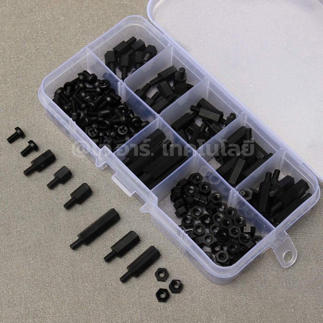M3-180-Nylon ชุดเสาไนลอน นอต สกรู M3 180ชิ้น 180Pcs M3 Hex Nylon Standoff + Nut + Screw kit เสายึดแผ่นปริ้น เสารองบอร์ด ขารองบอร์ด เสารองแผ่น PCB
