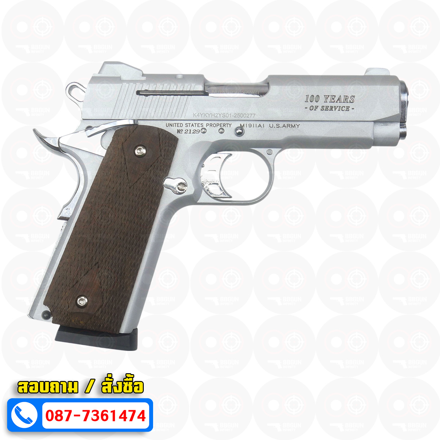 แบลงค์กัน KUZEY M1911 COLT'S 100 ปี สีเงินด้าน 4 นิ้ว ด้ามไม้ blank gun