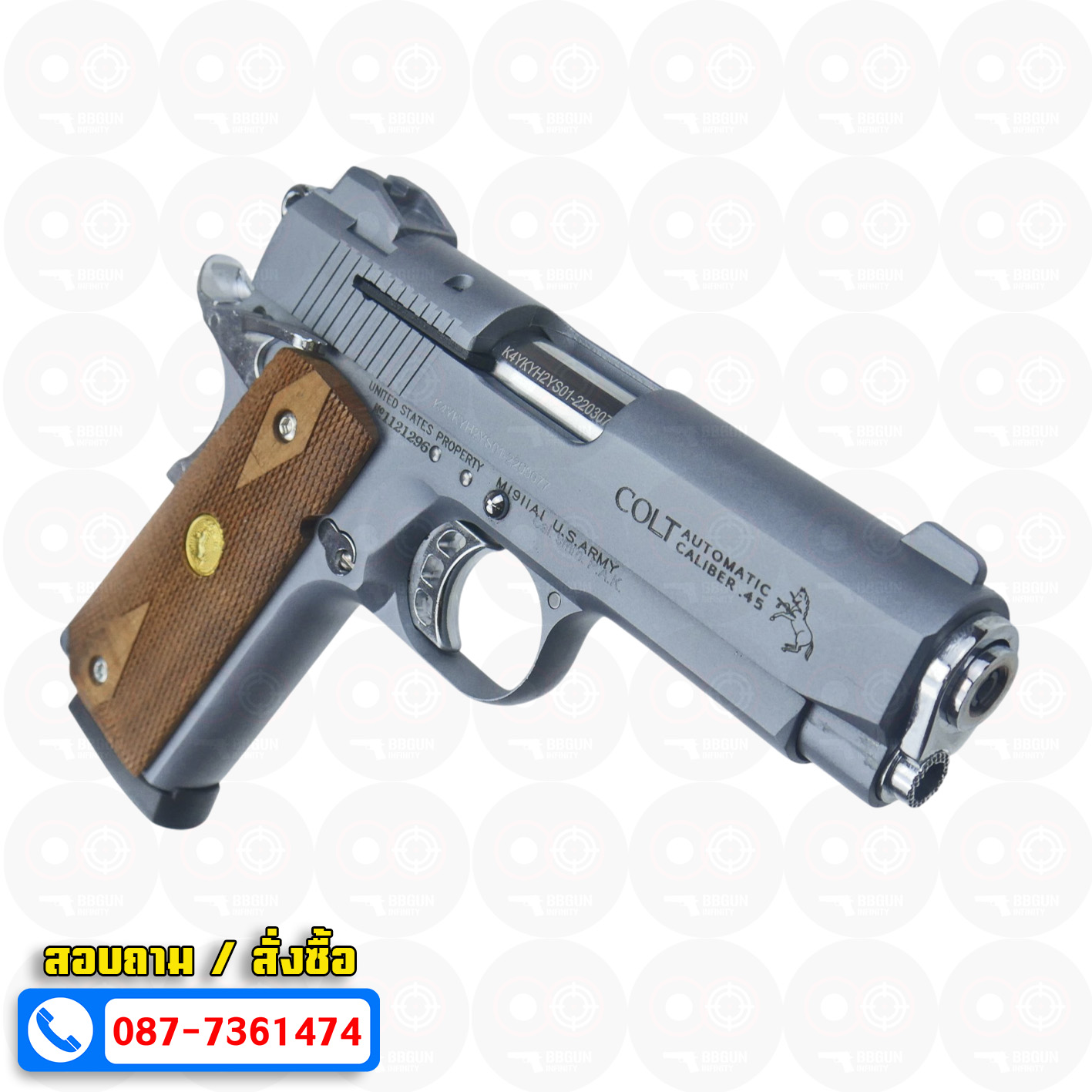 แบลงค์กัน KUZEY M1911 COLT'S DEFENDER SERIES 90 สีสโมค 4 นิ้ว ด้ามไม้ Blank Gun