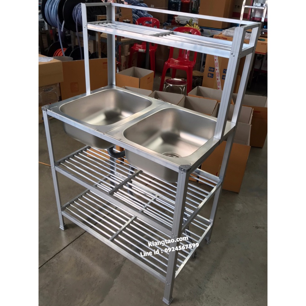อ่างล้างจาน อ่างคู่ 50x90x124 ซม. ตะแกรงซี่ 2 ชั้น รุ่น M953+บน ซิงค์ สแตนเลส ขาอลูมิเนียม (ไม่เจาะรูก๊อก ไม่ขัดเงา)