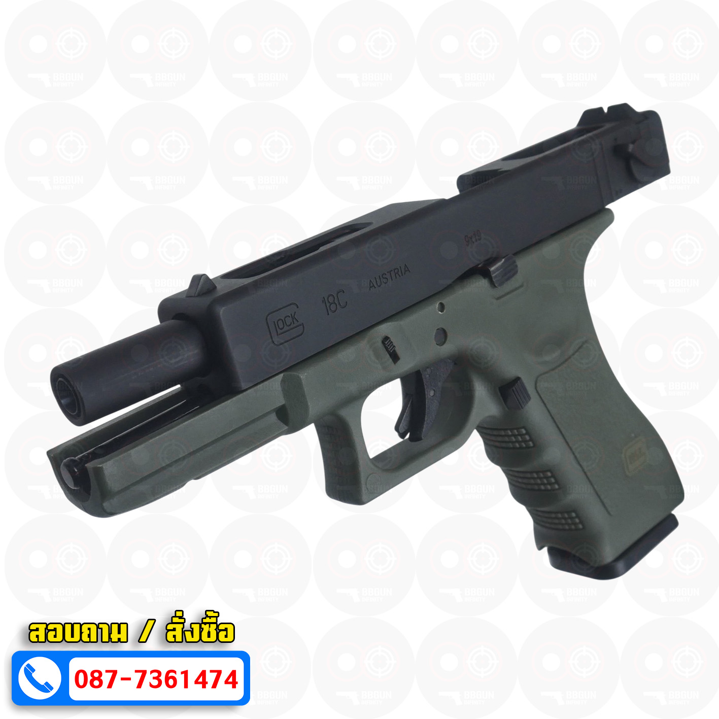 บีบีกันอัดแก๊ส Army Armament R18A Glock 18C Gen3 สีดำ เขียว (OD) BB GUN
