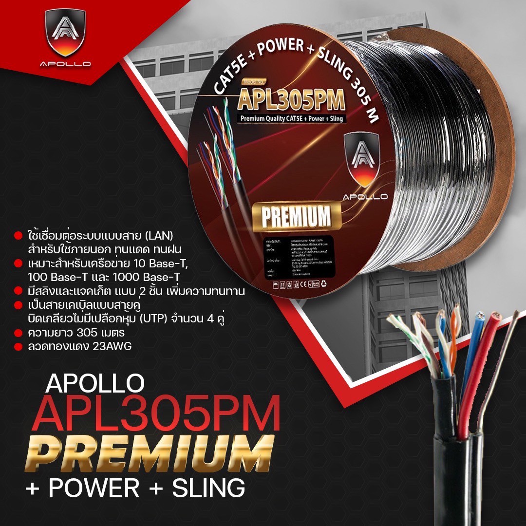 Apollo สายLAN CAT5E รุ่น APL305P-M-Premium Lan + Power Line+ Messeger wire 305M