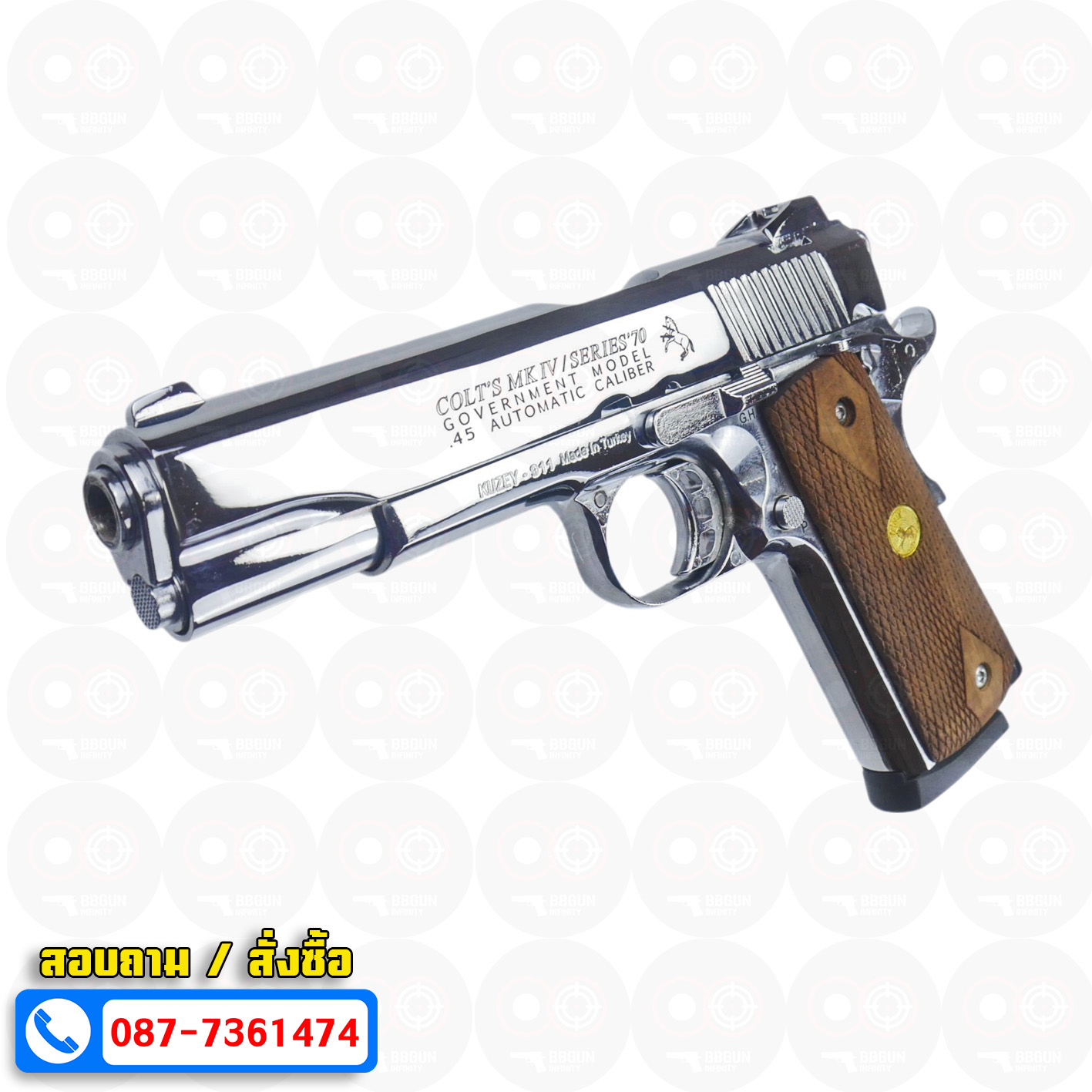 แบลงค์กัน KUZEY M1911 COLT MK IV SR70 สีเงินเงา 5 นิ้ว ด้ามไม้ (แถมกล่องใส่ปืน) blank gun