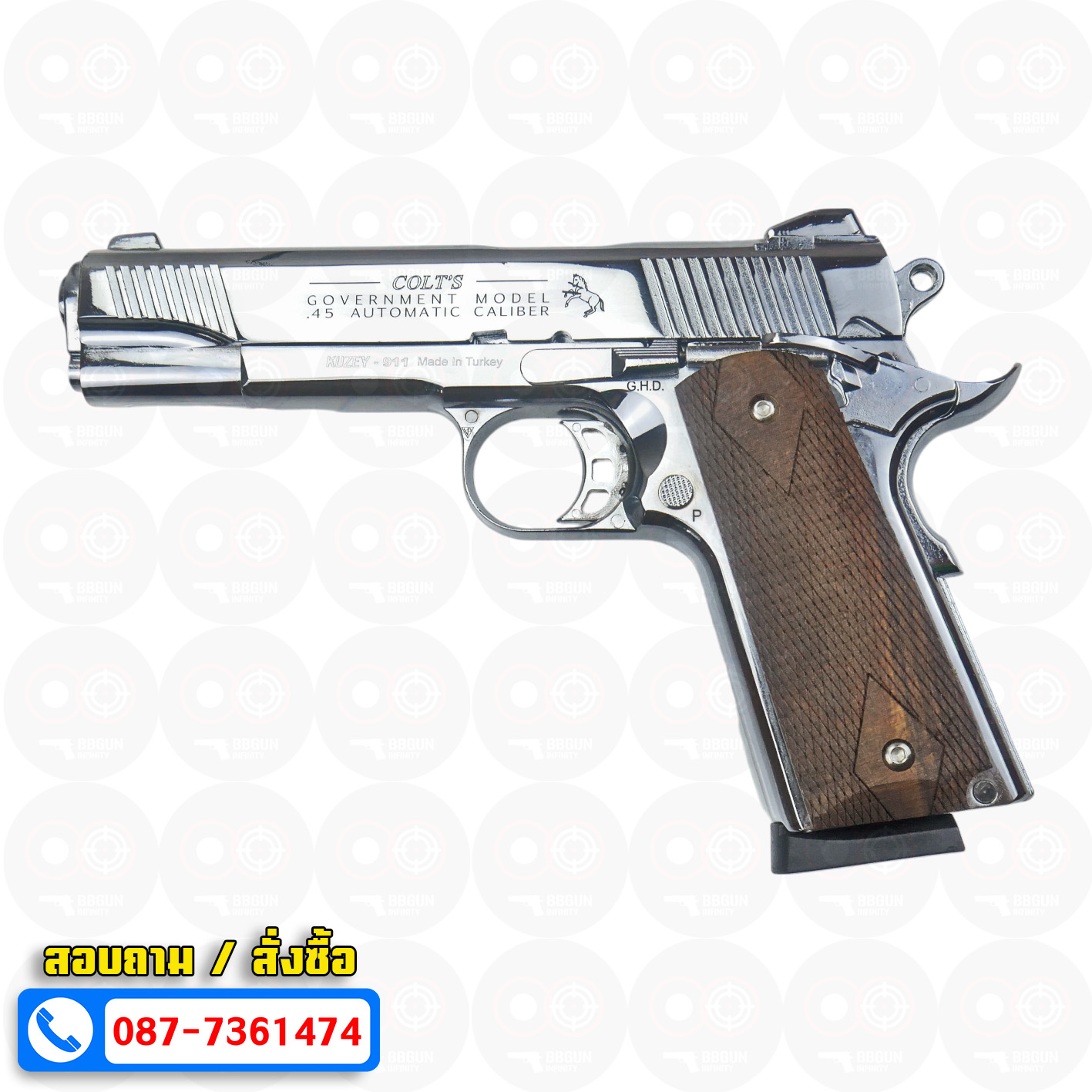 แบลงค์กัน KUZEY M1911 COLT GOVERMENT 100 Year เงินเงา 5 นิ้ว ด้ามไม้ blank gun